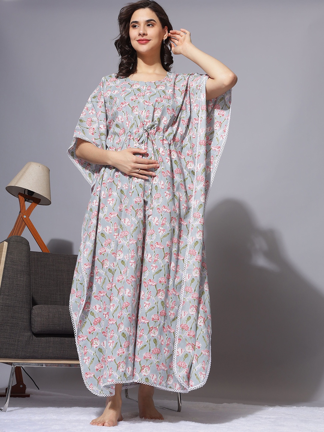 

9shines Label Printed Maxi Maternity Kaftan Nightdress with Feeding Zips, Grey