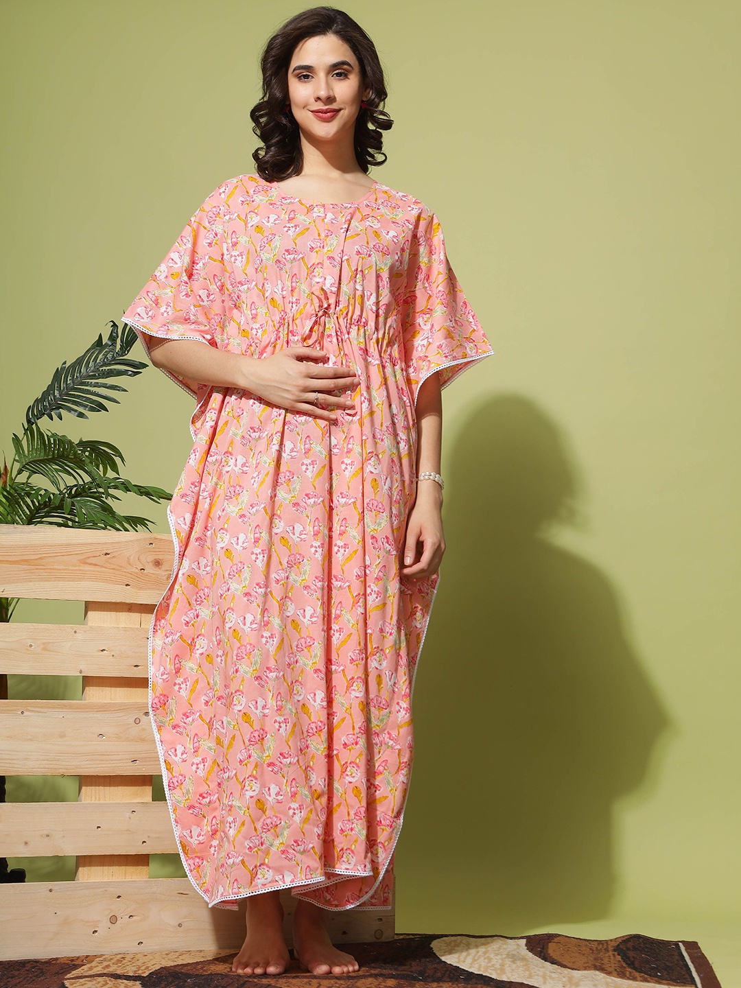 

9shines Label Printed Maxi Maternity Kaftan Nightdress with Feeding Zips, Peach