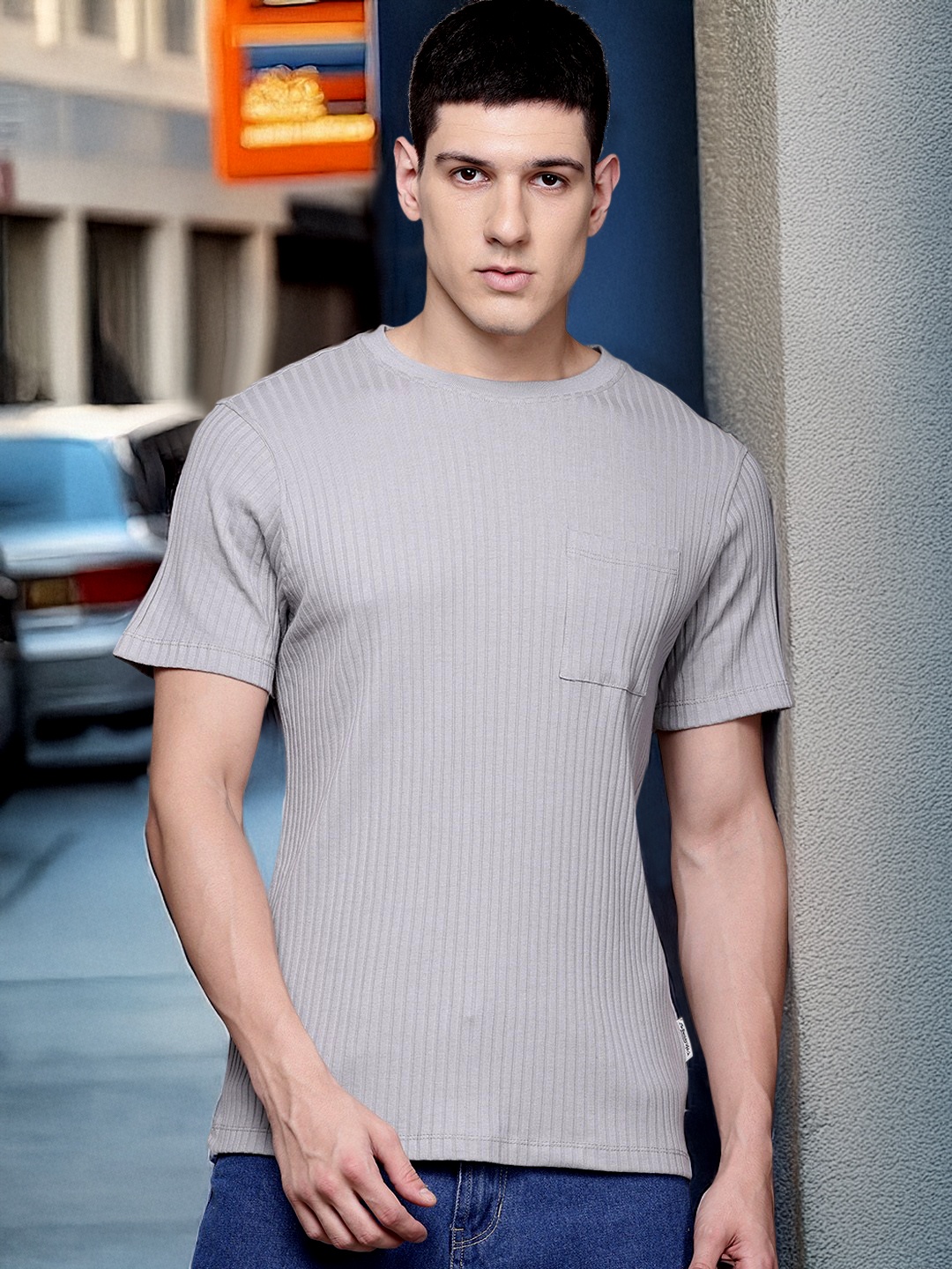 

The Roadster Lifestyle Co. Round Neck Self Striped T-shirt, Grey