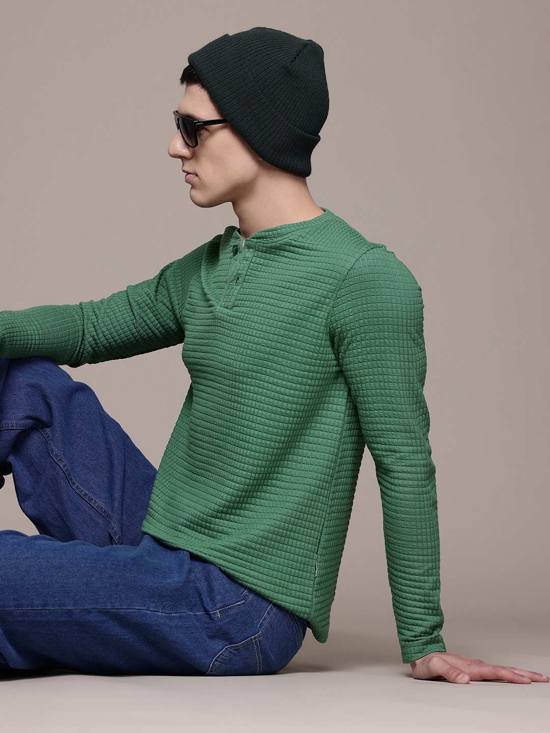 

The Roadster Lifestyle Co. Henley Neck Checked T-Shirt, Green