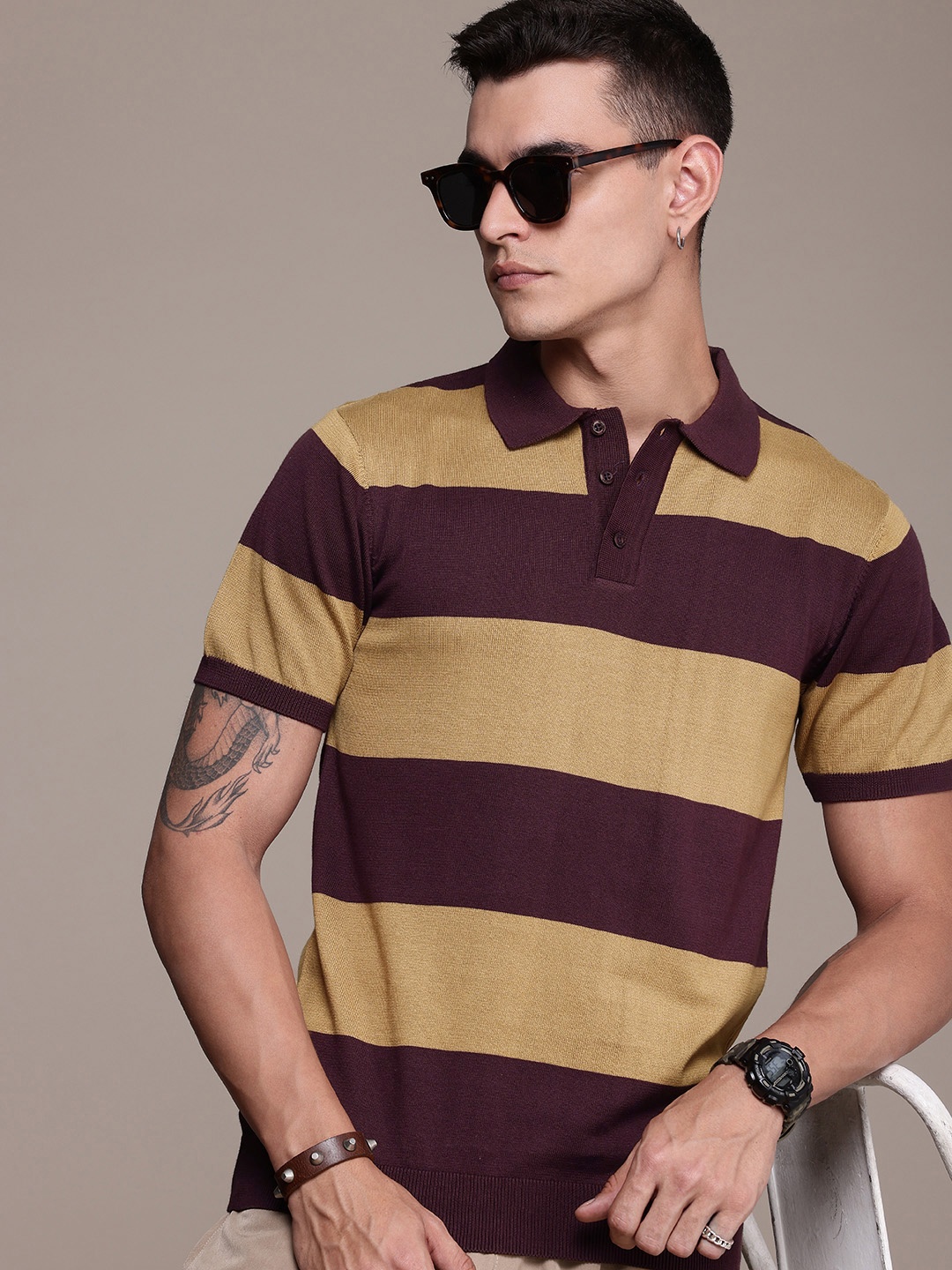 

The Roadster Life Co. Colourblocked Polo Collar Pure Cotton T-shirt, Purple