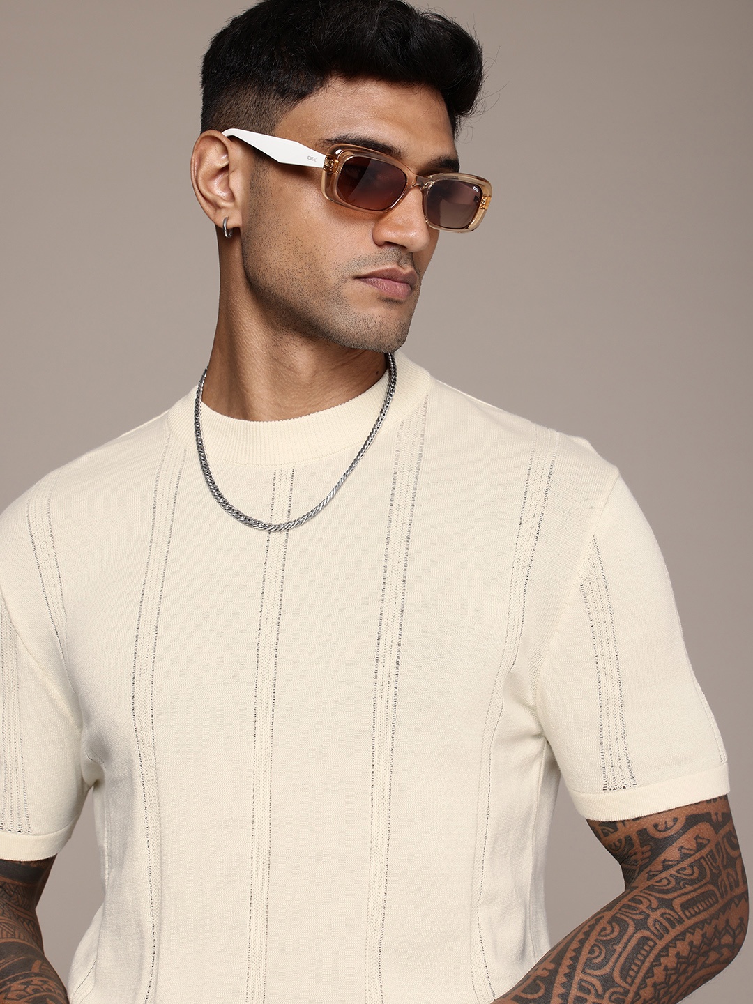 

The Roadster Life Co. Knitted Self Design Pure Cotton T-shirt, Cream