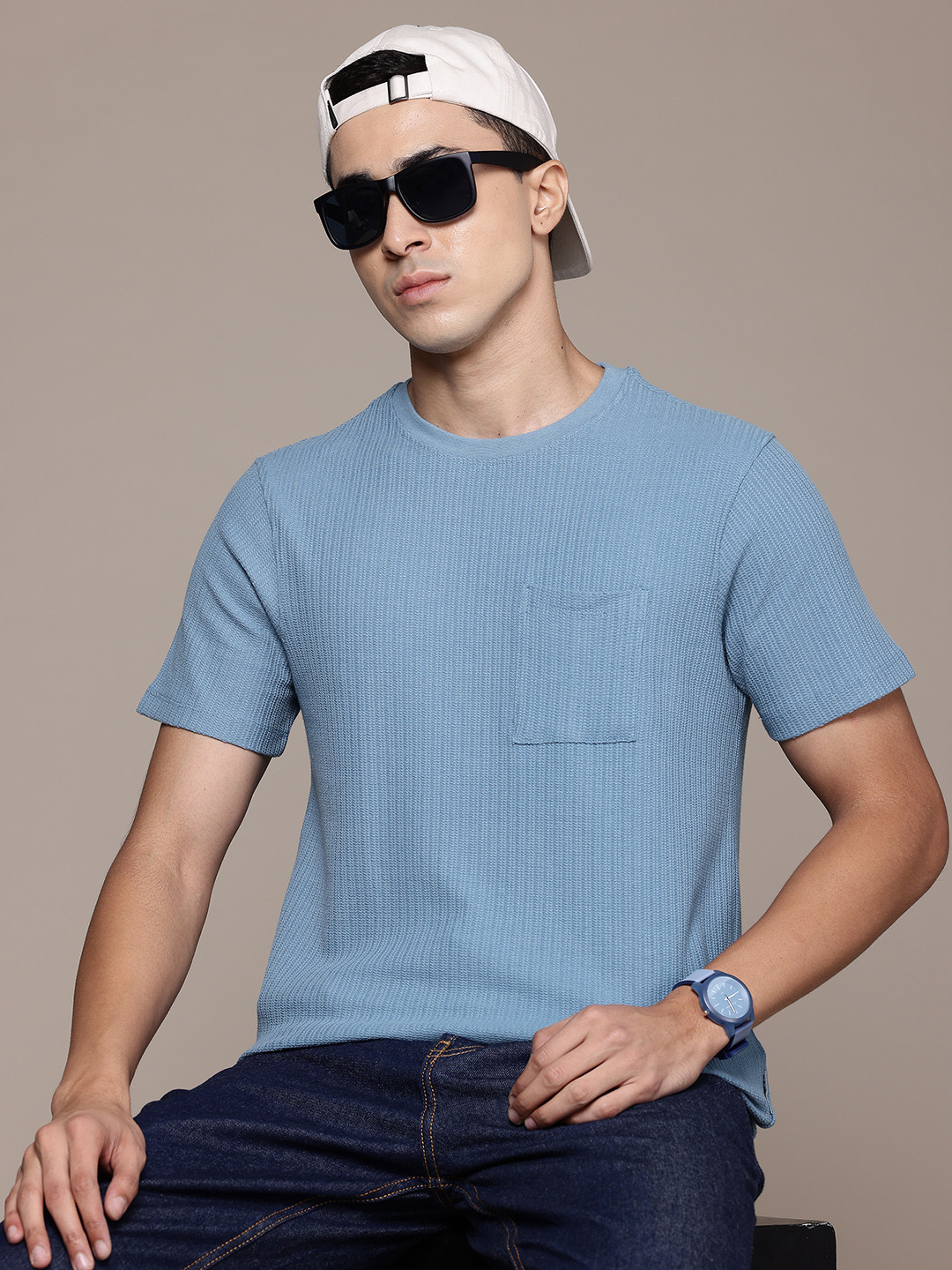 

Roadster The Life Co. Textured T-shirt With Pocket, Blue