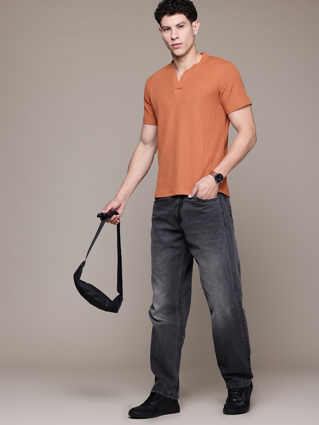 

The Roadster Lifestyle Co. Textured Henley Neck T-shirt, Rust