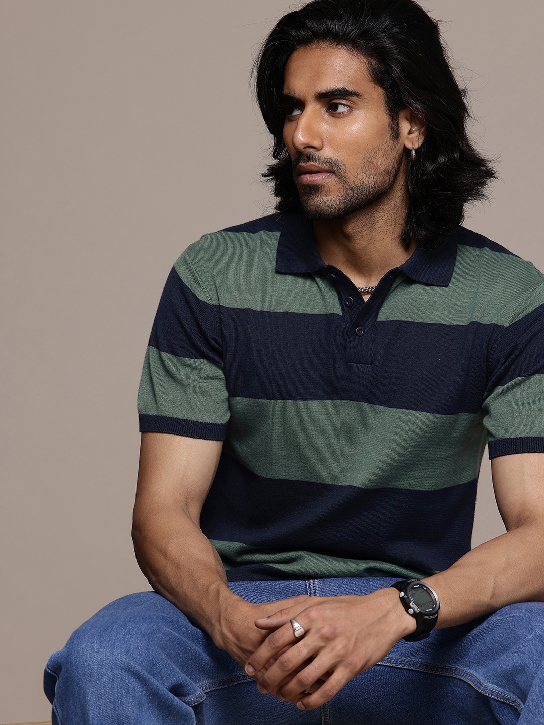 

The Roadster Life Co. Striped Polo Collar T-shirt, Navy blue