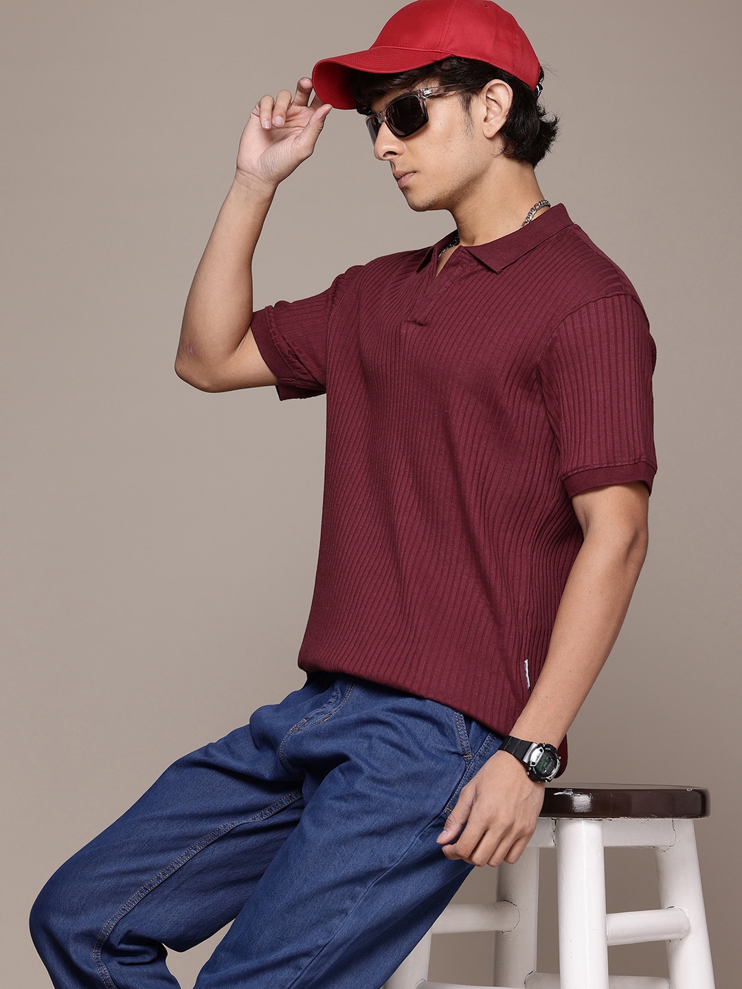 

Roadster The Lifestyle Co. Self Striped Polo Collar T-shirt, Maroon