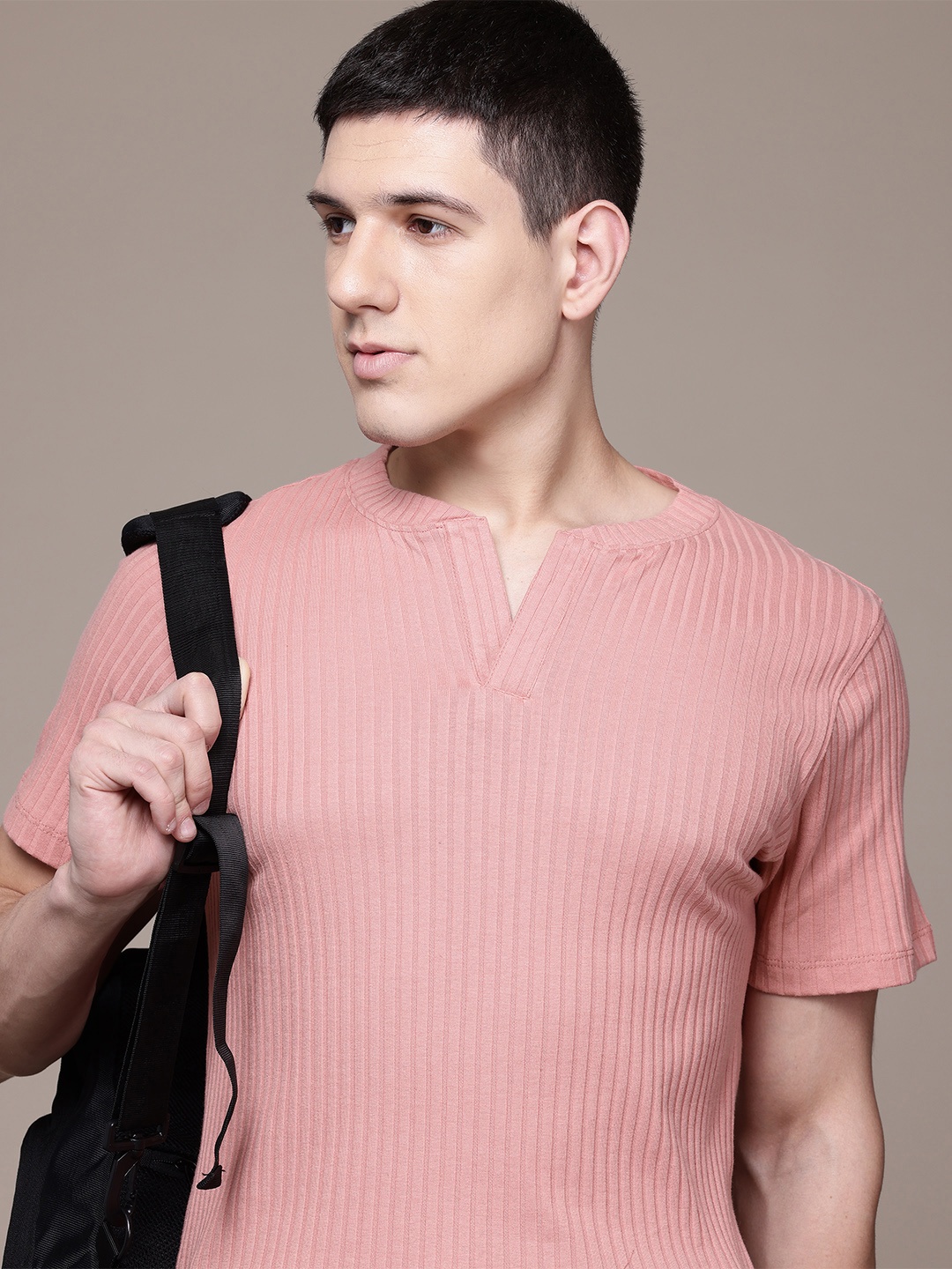 

The Roadster Lifestyle Co. Self Design Split Round Neck Striped T-Shirt, Rust