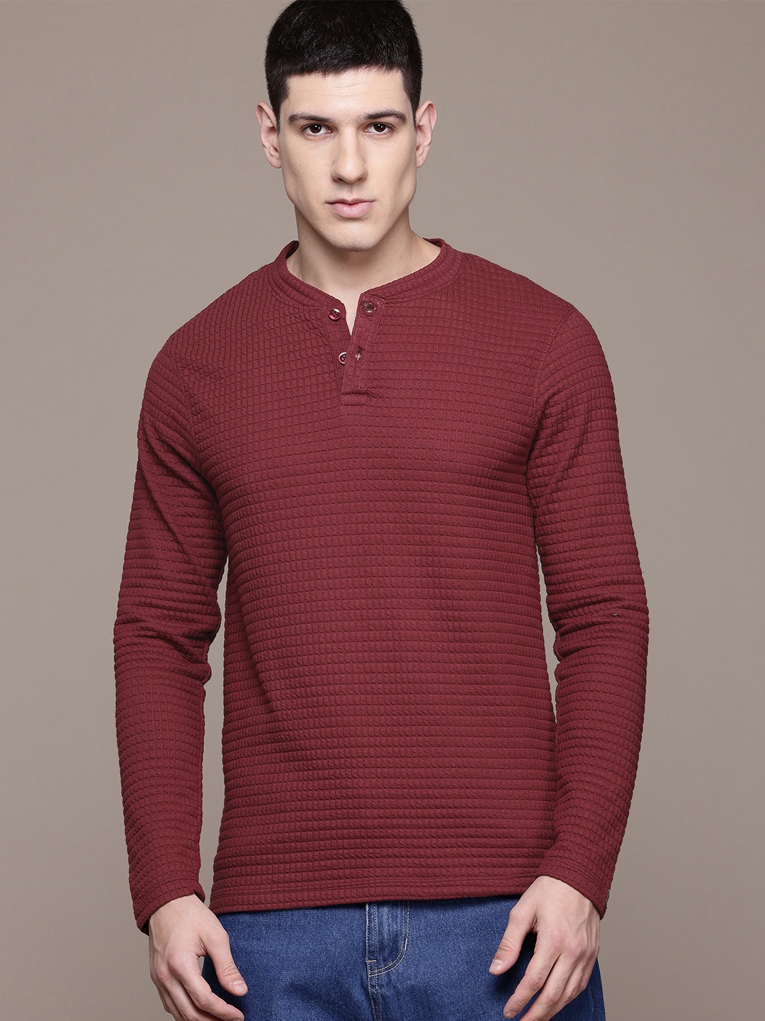 

The Roadster Lifestyle Co. Henley Neck Checked T-Shirt, Burgundy