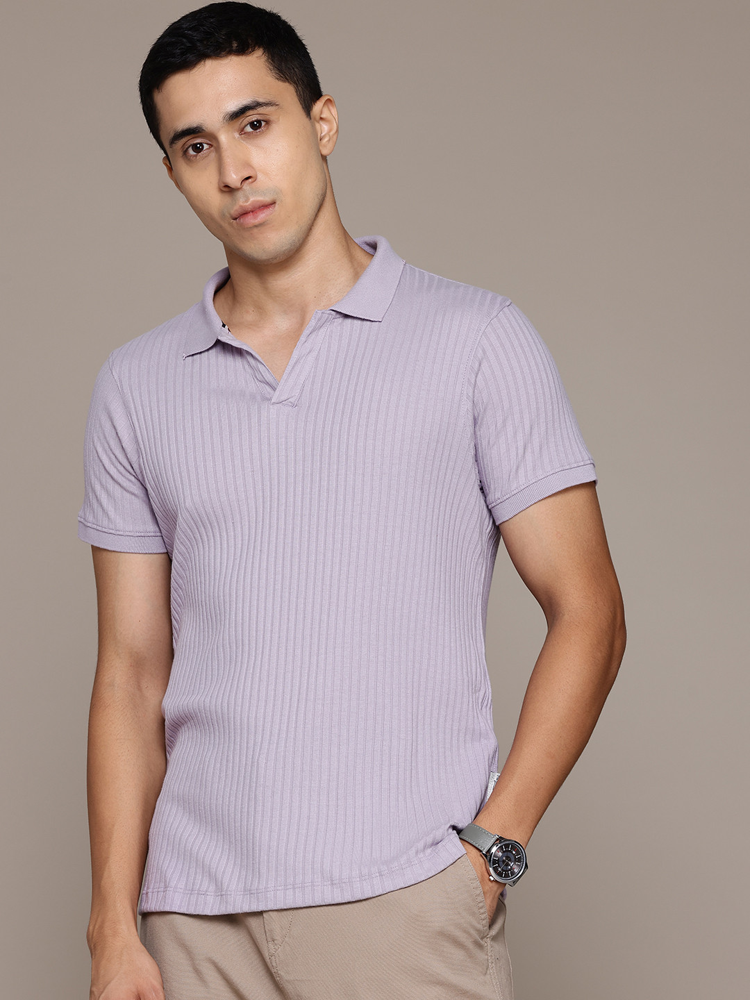 

The Roadster Lifestyle Co. Men Self Striped Polo Collar T-shirt, Lavender