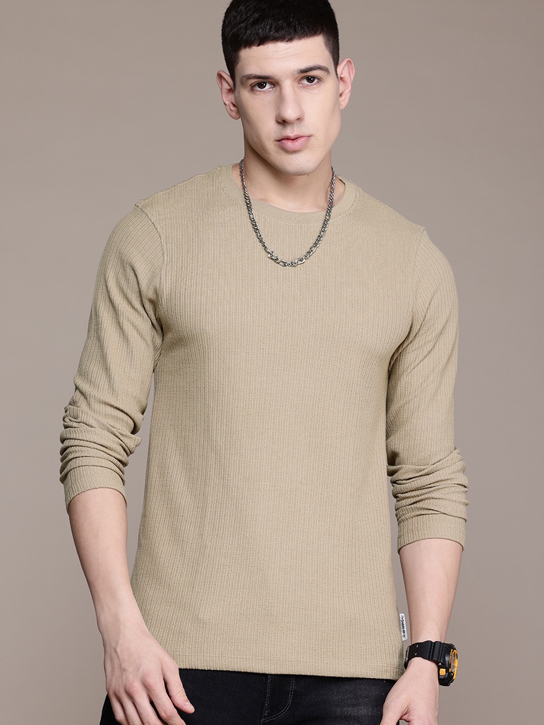 

The Roadster Lifestyle Co. Textured Regular-Fit T-shirt, Beige