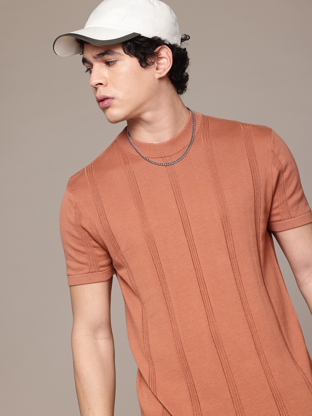 

Roadster The Lifestyle Co Self-Striped Pure Cotton T-shirt, Rust