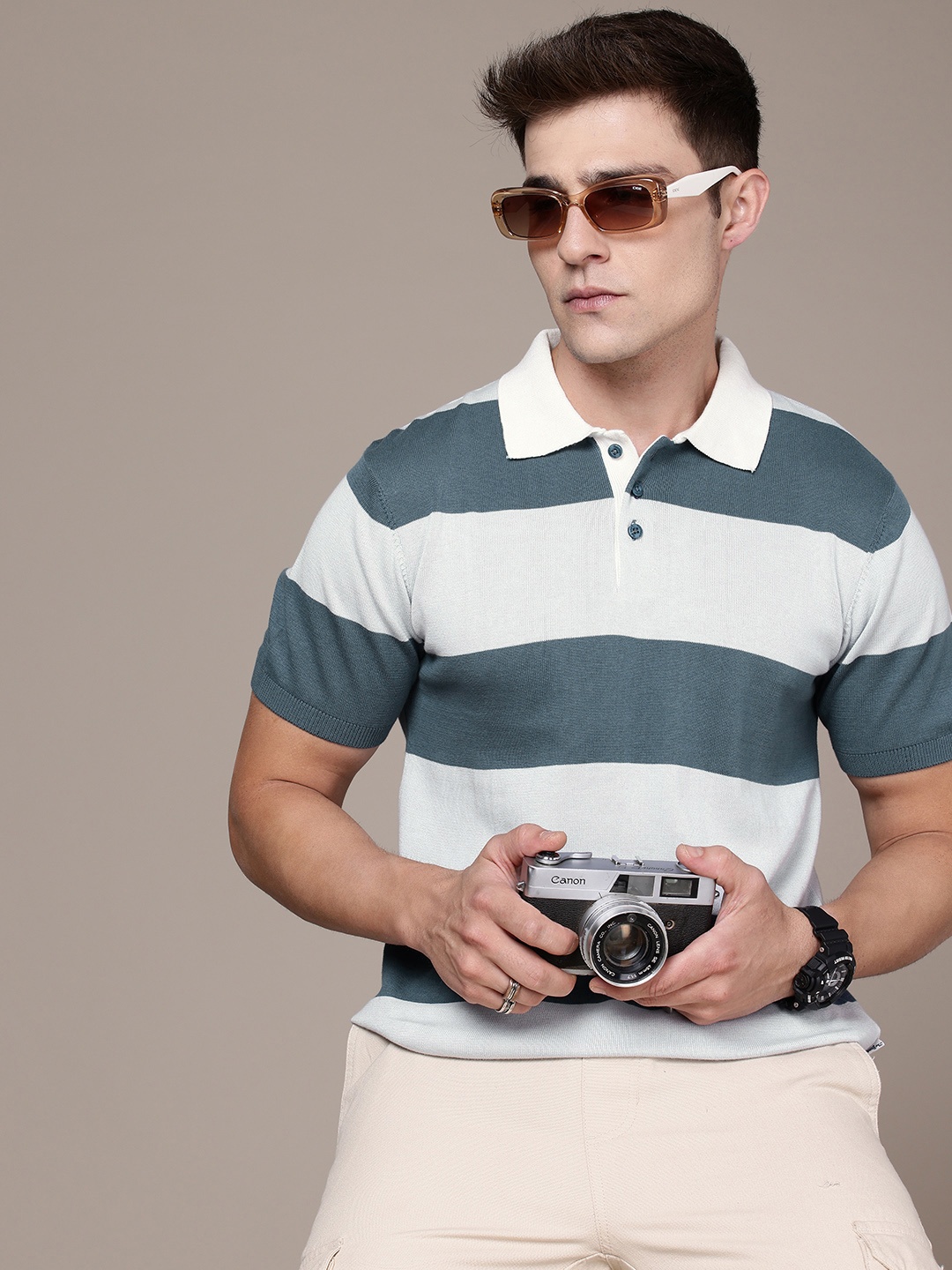 

The Roadster Life Co. Pure Cotton Striped Polo Collar T-shirt, Blue