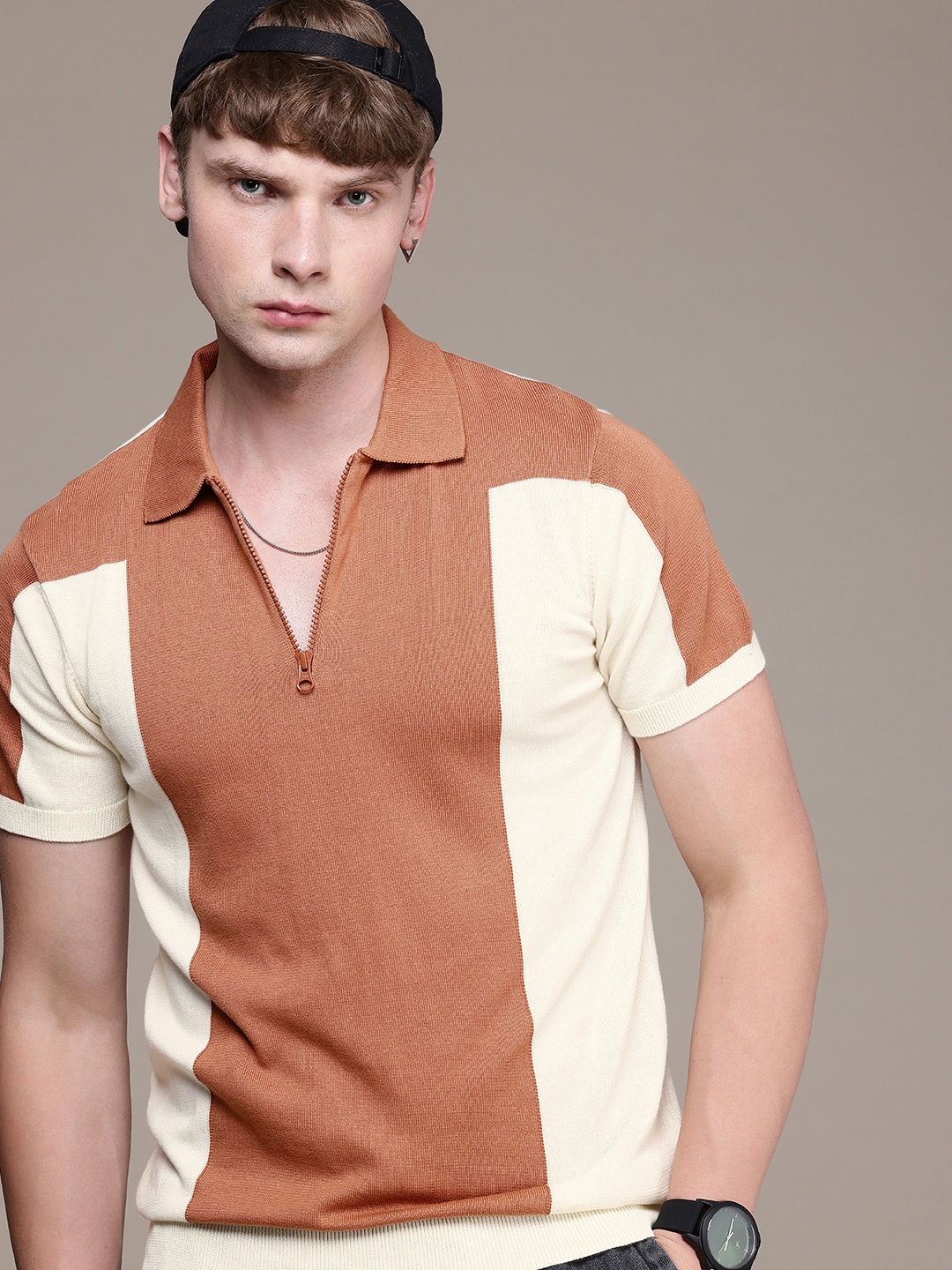 

The Roadster Life Co. Colourblocked Polo Collar Pure Cotton T-shirt, Cream