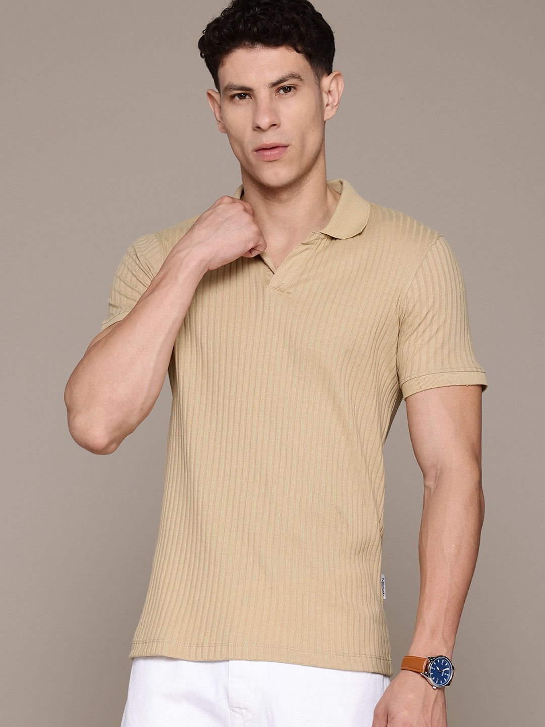 

The Roadster Lifestyle Co. Men Self Striped Polo Collar T-shirt, Beige
