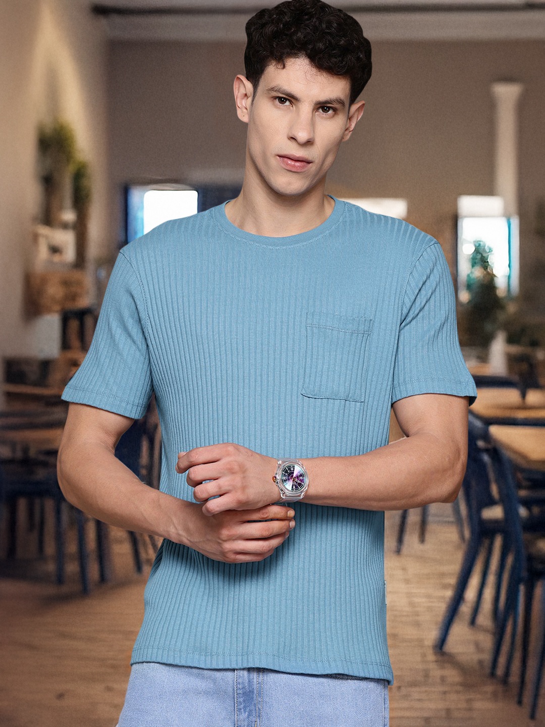 

The Roadster Lifestyle Co. Ribbed Regular Fit T-shirt, Blue