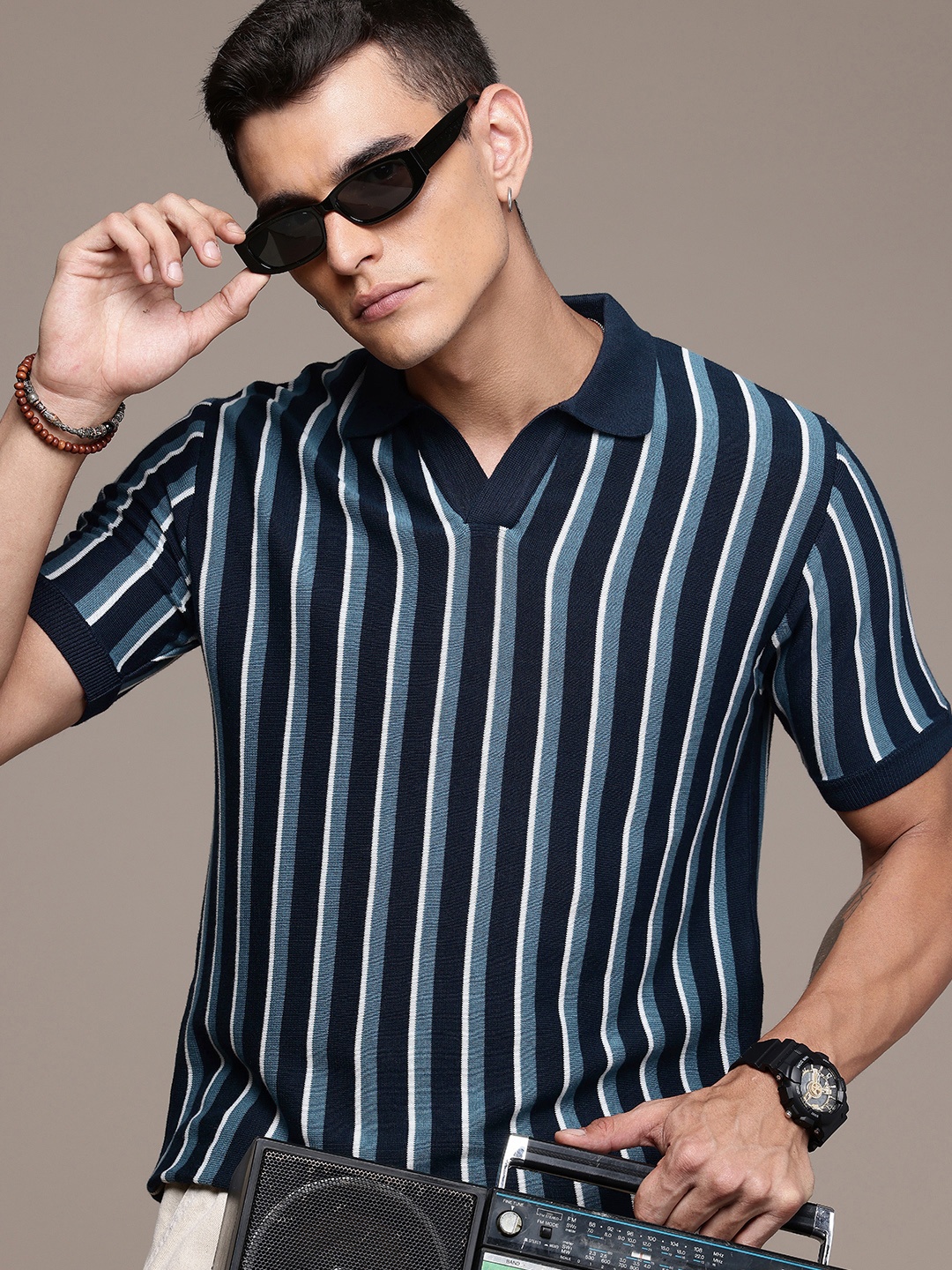 

The Roadster Life Co. Striped Polo Collar Pure Cotton T-shirt, Navy blue