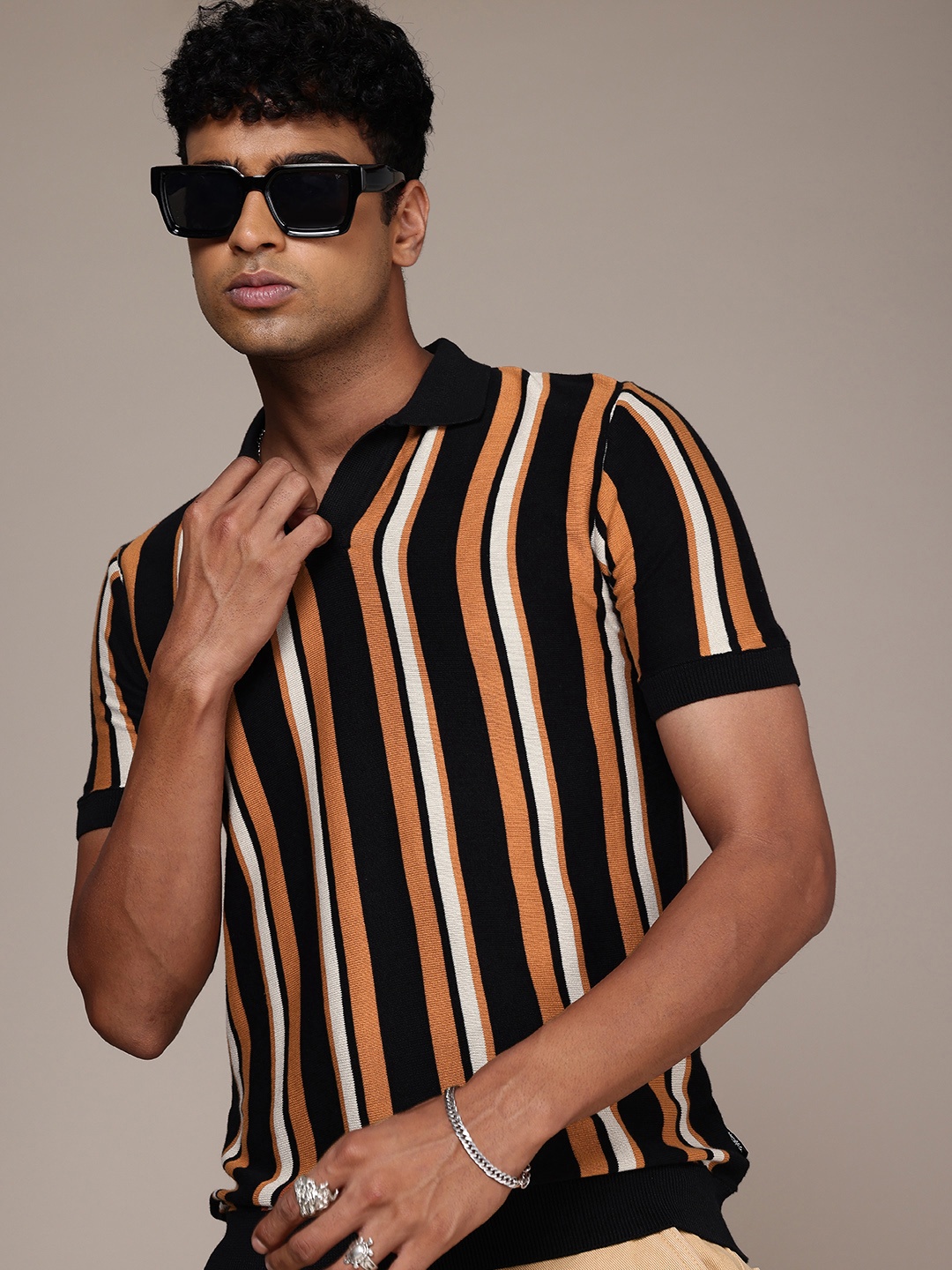 

The Roadster Life Co. Striped Polo Collar Pure Cotton T-shirt, Black