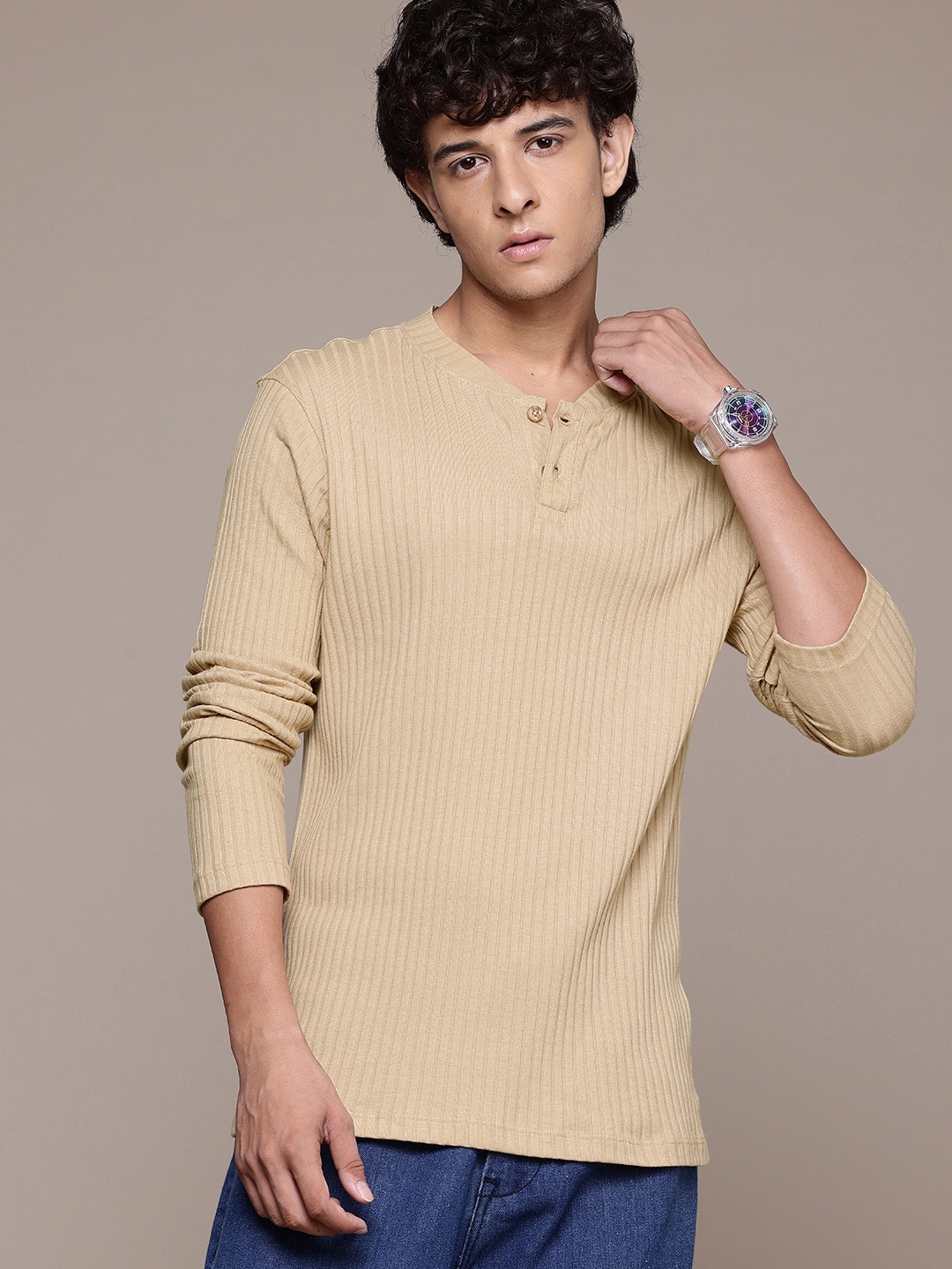 

The Roadster Lifestyle Co. Textured Henley Neck T-shirt, Beige