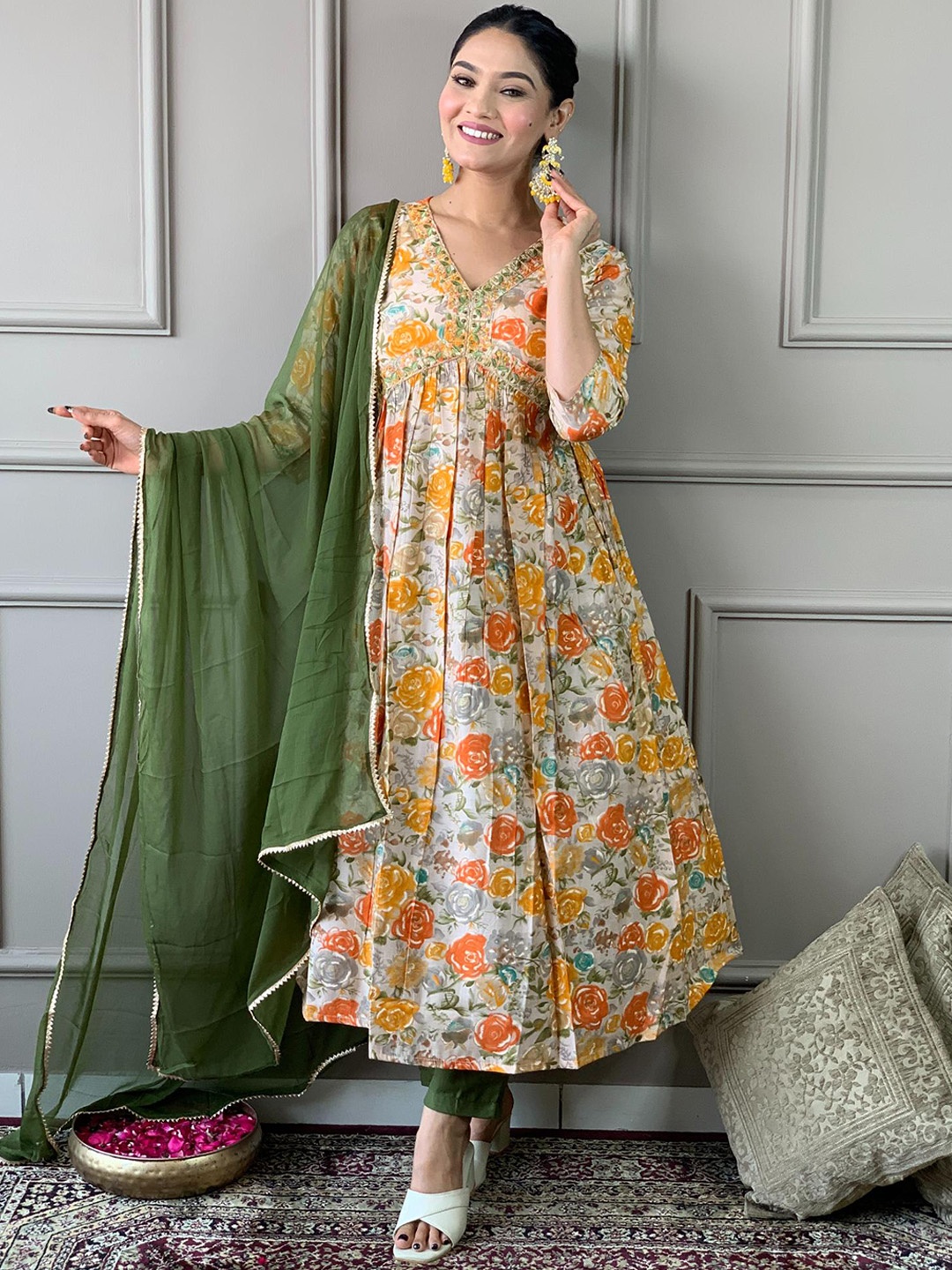 

KALINI Women Floral Printed Empire Layered Mirror Work Kurta with Trousers, Orange