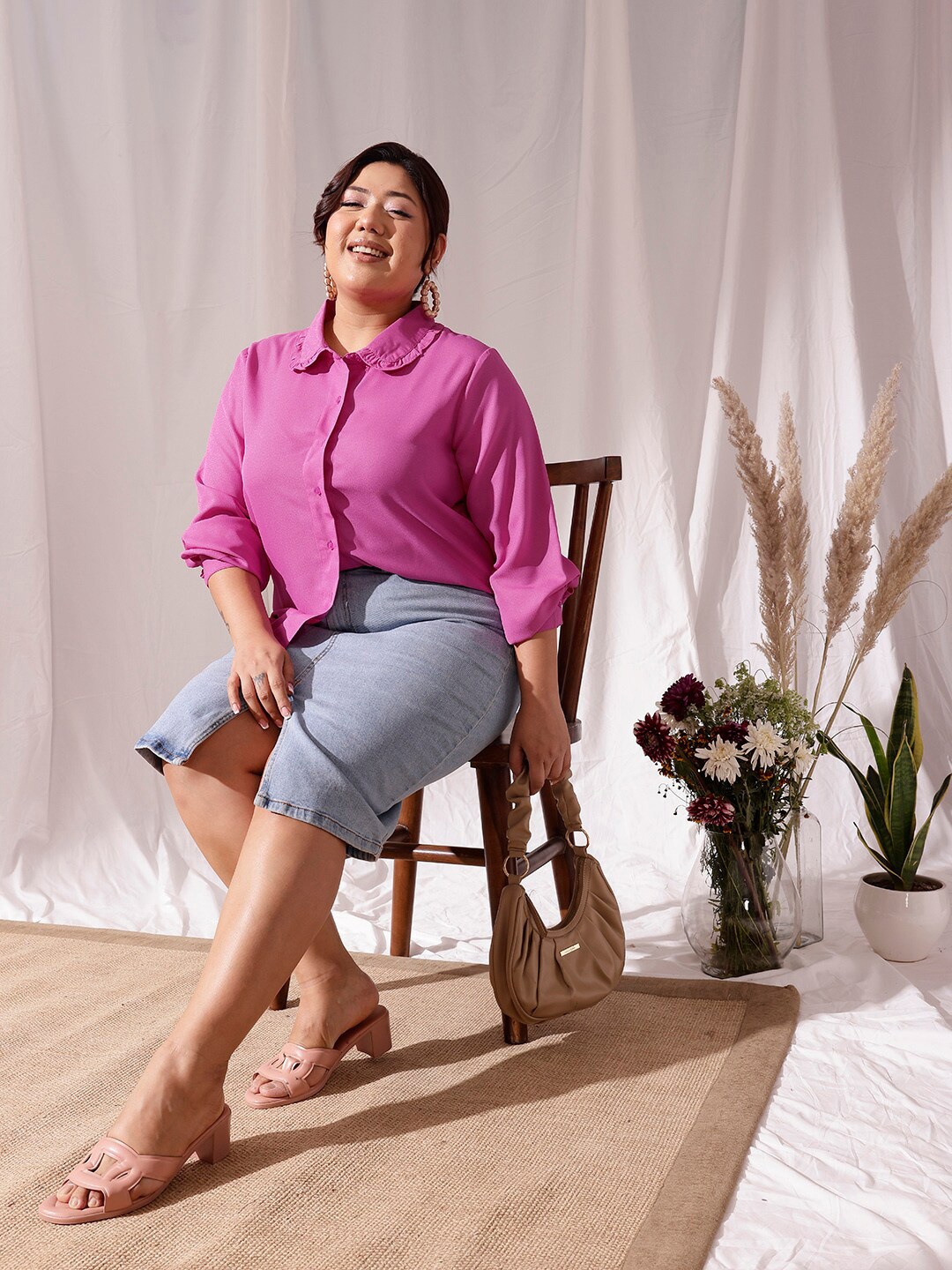 

CURVY STREET Comfort Spread Collar Casual Shirt, Pink