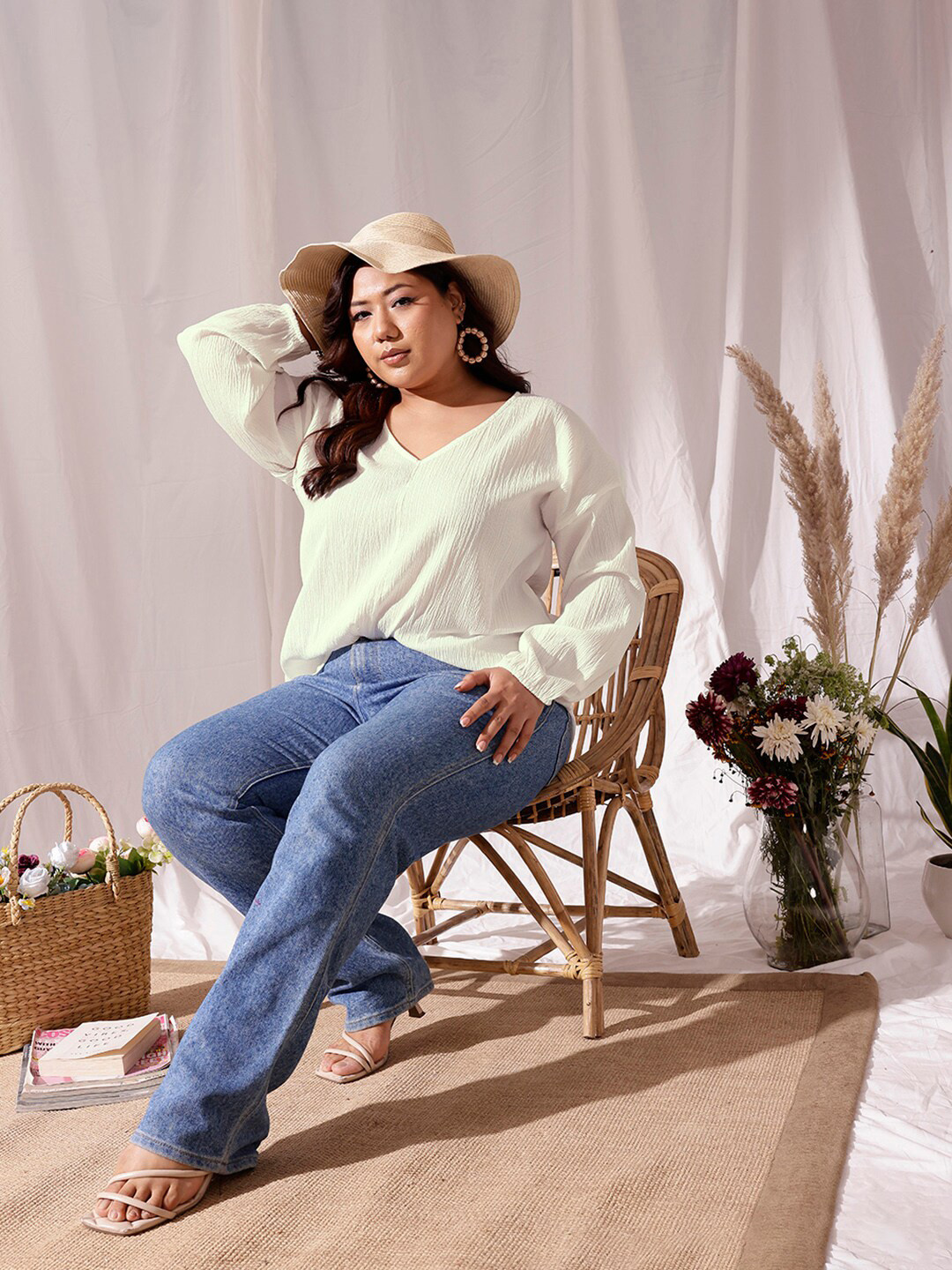 

CURVY STREET Self Design V-neck Drop-shoulder Sleeve Regular Top, Cream