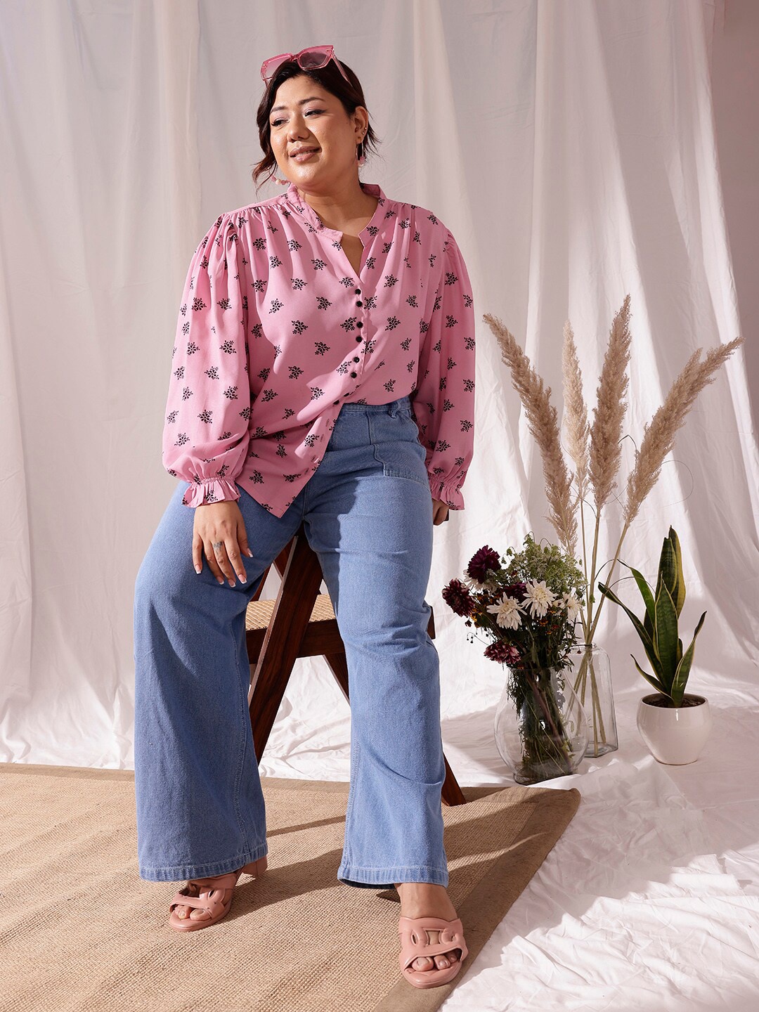 

CURVY STREET Plus Size Comfort Floral Printed Mandarin Collar Casual Shirt, Pink