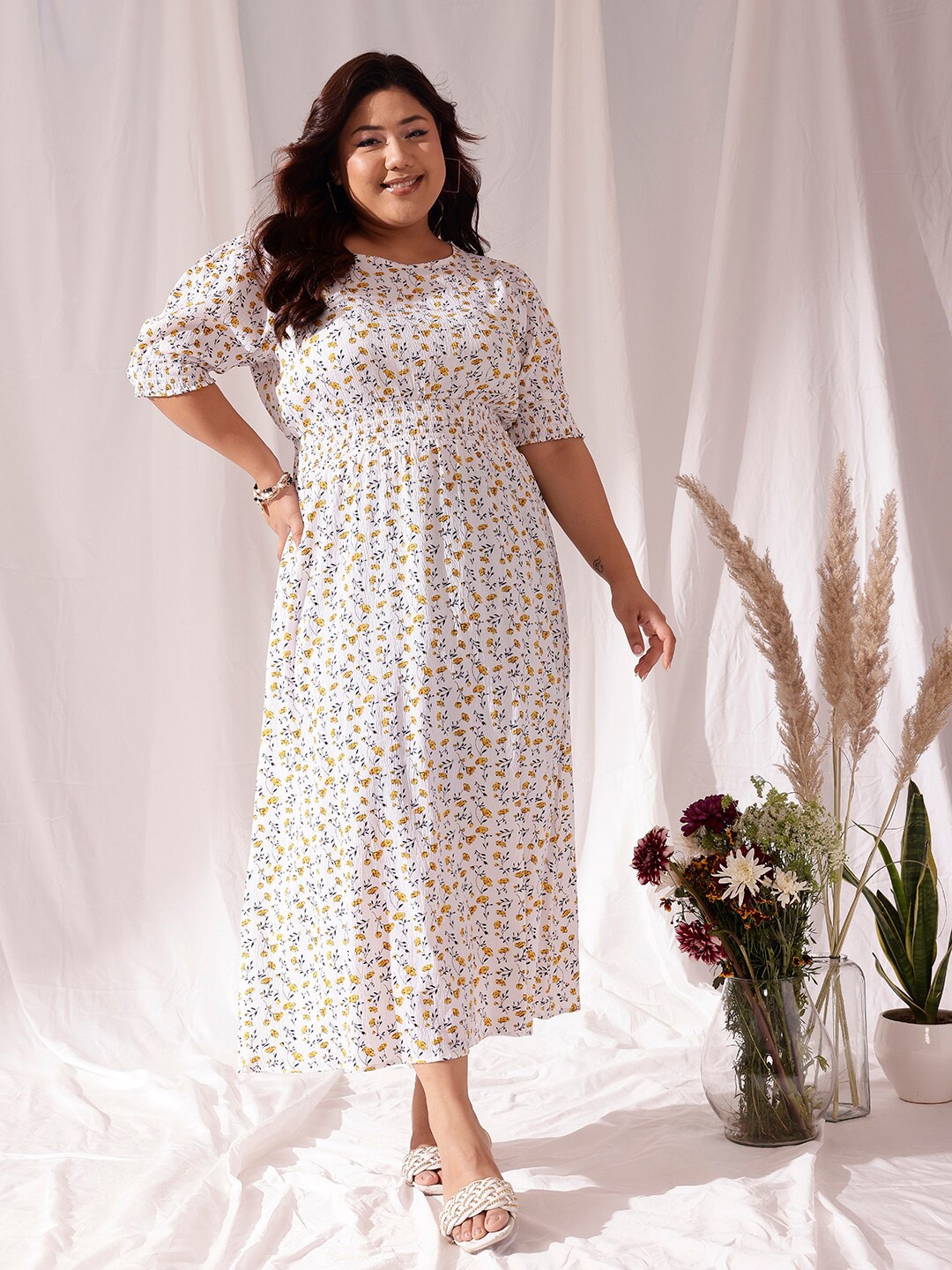 

CURVY STREET Plus Size Floral Print Puff Sleeve A-Line Dress, Cream