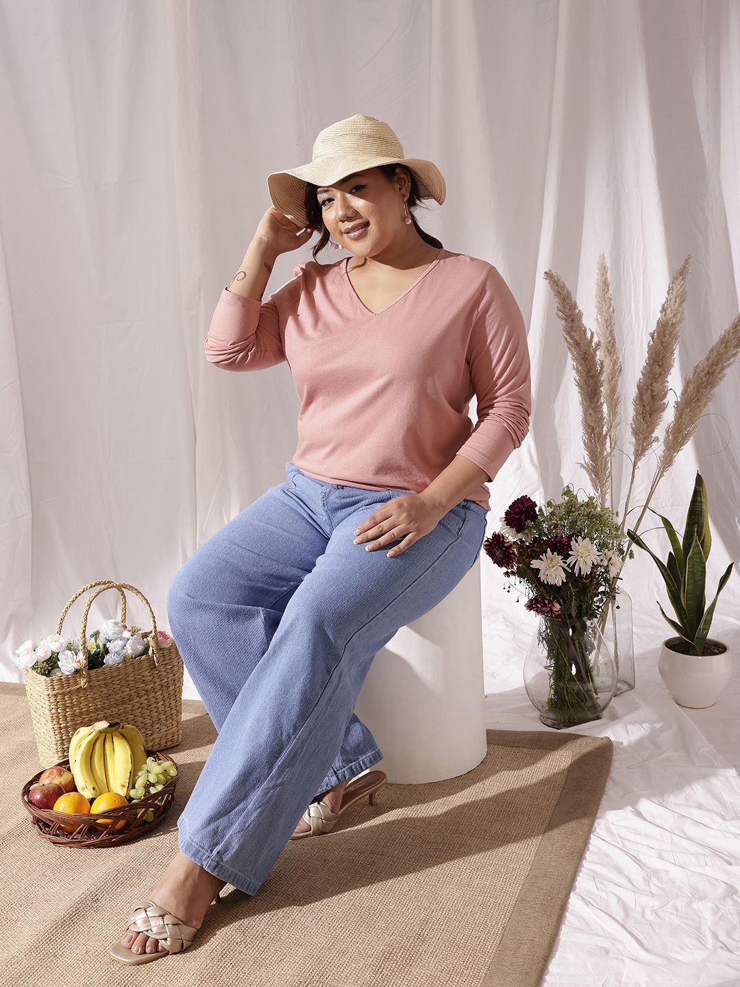 

CURVY STREET Plus Size V-Neck Cotton T-shirt, Peach
