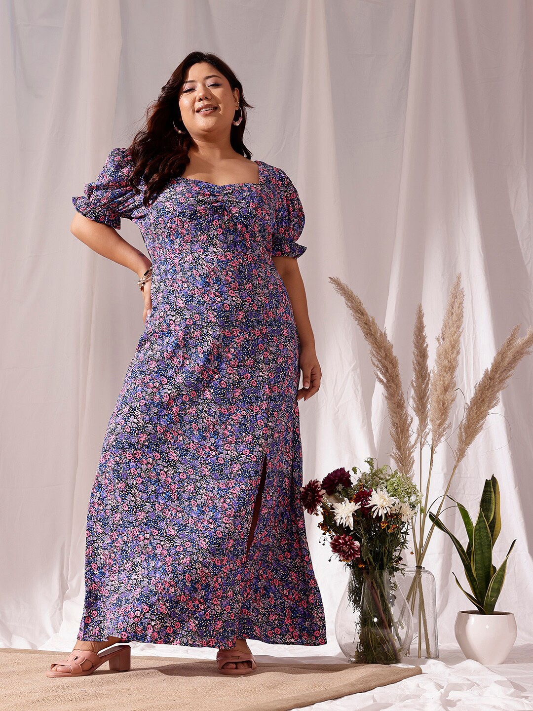 

CURVY STREET Plus Size Floral Print Crepe Fit & Flare Dress, Blue