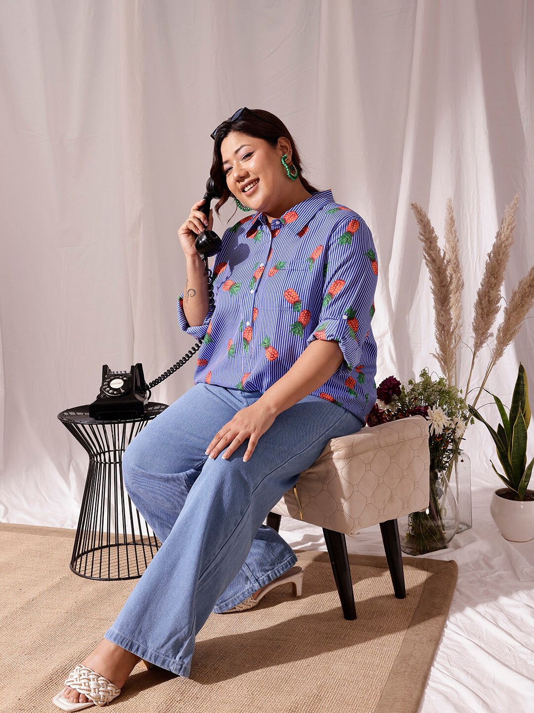 

CURVY STREET Plus Size Comfort Striped Pure Cotton Casual Shirt, Blue