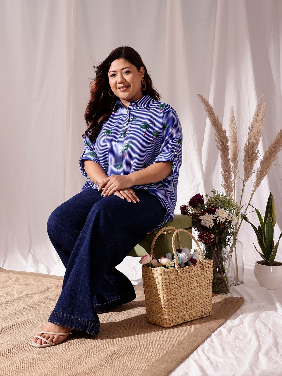 

CURVY STREET Plus Size Comfort Striped Pure Cotton Casual Shirt, Blue