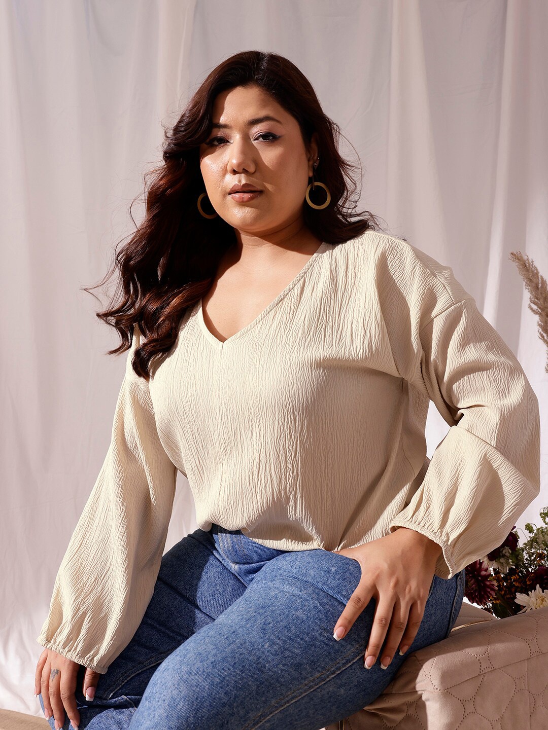 

CURVY STREET Self Design V-Neck Drop-shoulder Sleeves Regular Top, Beige