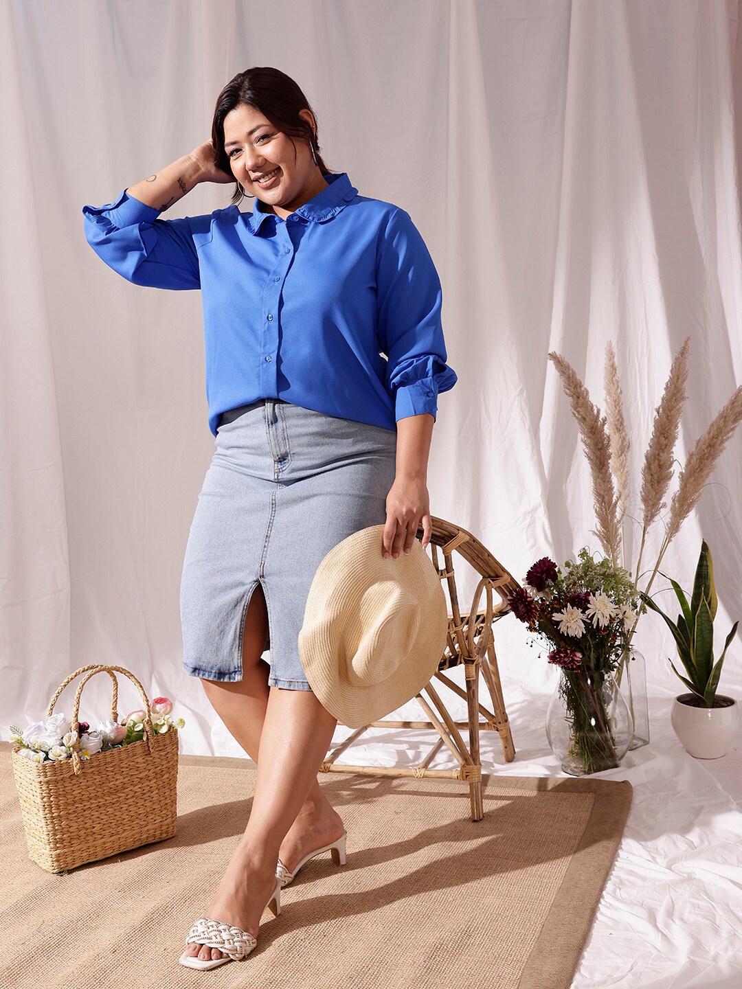 

CURVY STREET Peter Pan Collar Comfort Regular Fit Casual Shirt, Blue
