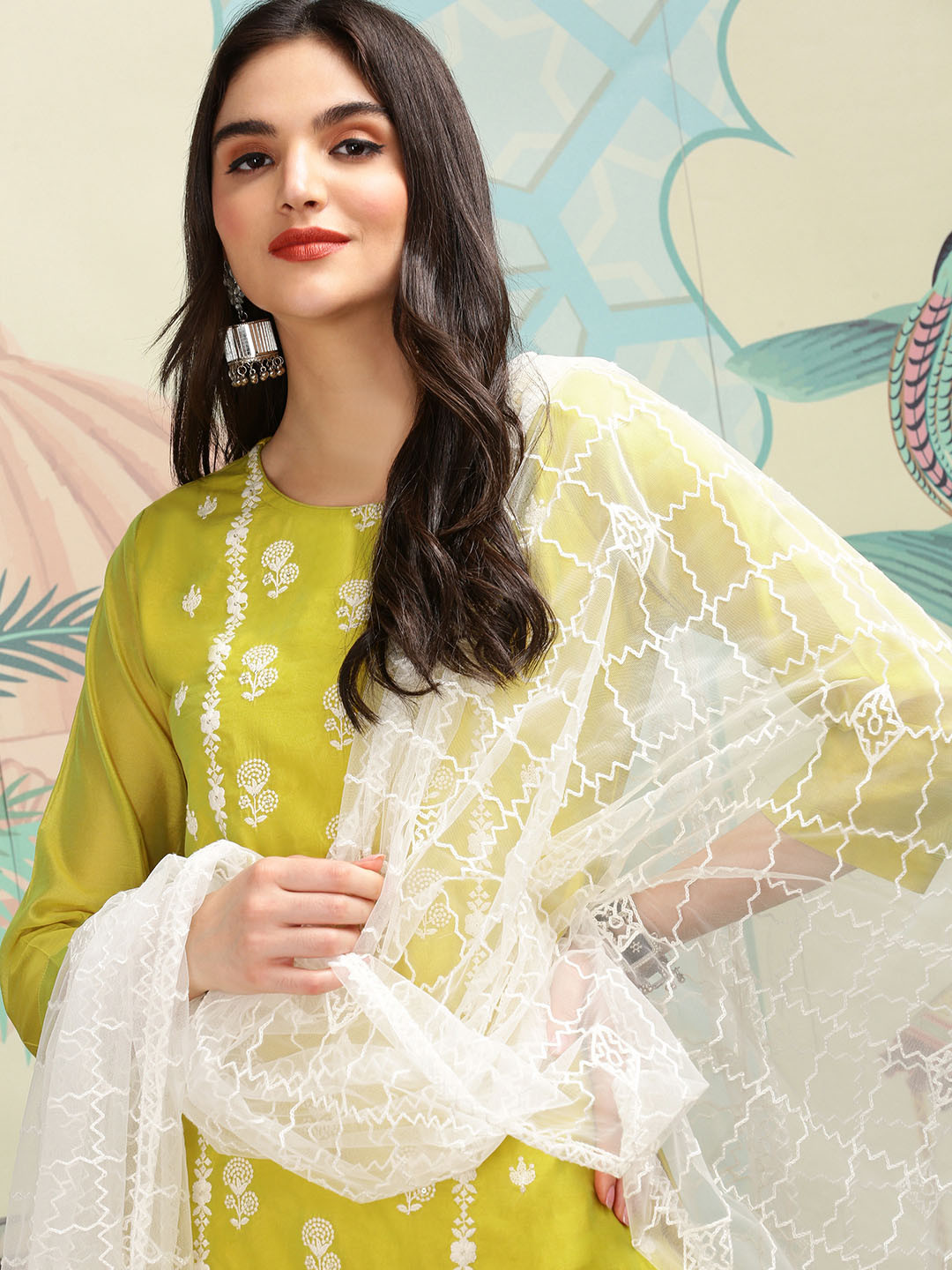 

Ishin Lime Green Floral Embroidered Thread Work Straight Kurta With Trousers & Dupatta