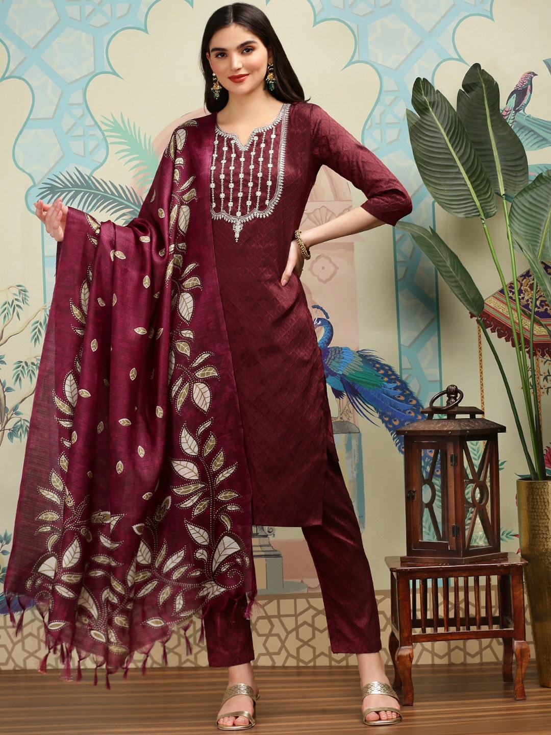 Ishin Floral Woven Design Notch Neck Silk Crepe Straight Kurta with Trousers