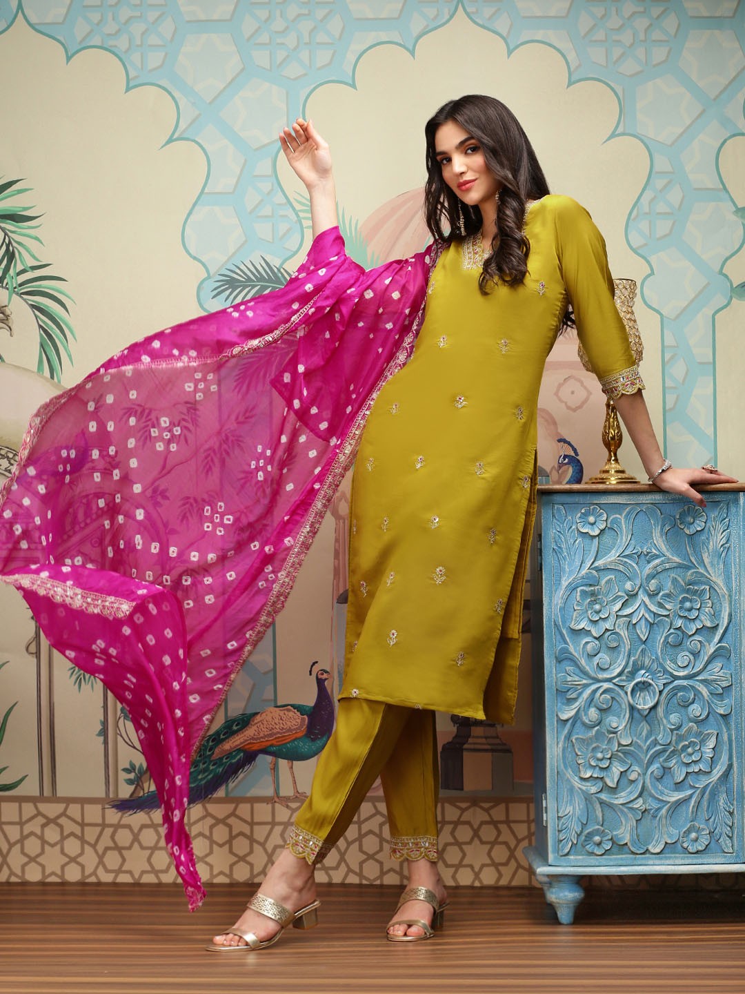 Ishin Yellow Floral Embroidered Thread Work Straight Kurta With Trousers & With Dupatta