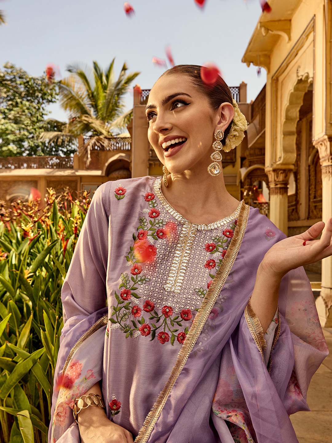 

Ishin Floral Embroidered Thread Work Silk Chiffon Straight Kurta with Trousers & Dupatta, Lavender