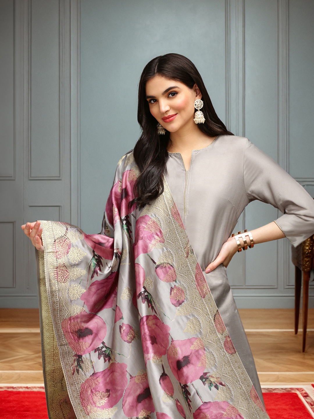 

Ishin Grey Regular Silk Crepe A Line Kurta With Trousers & With Dupatta
