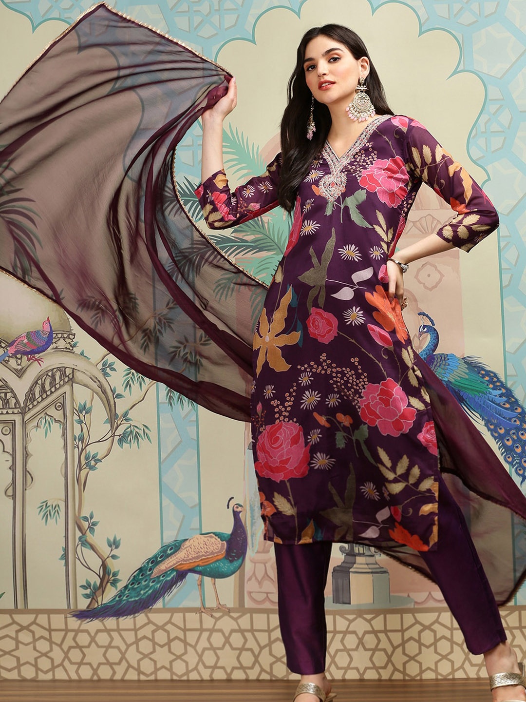 

Ishin Purple Floral Printed Thread Work Straight Kurta With Trousers & With Dupatta