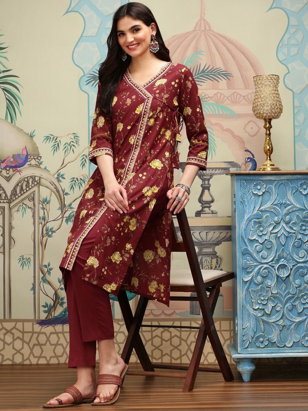 Ishin Maroon Floral Printed Angrakha Pure Cotton Kurta With Trousers