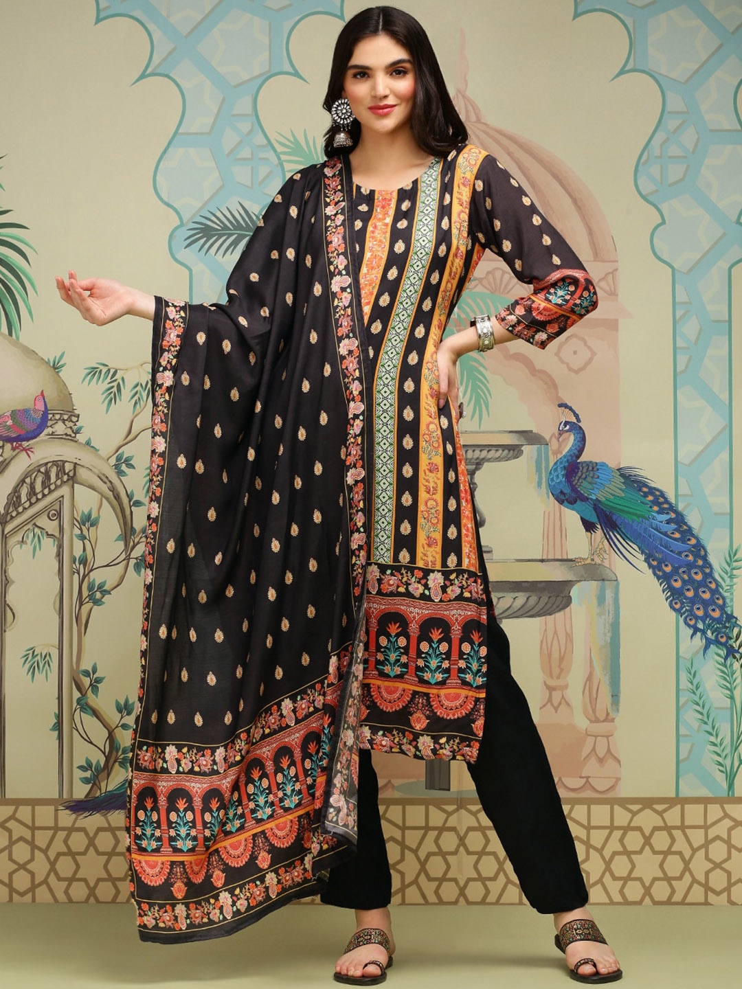 

Ishin Black Floral Printed Regular Straight Kurta With Trousers & Dupatta