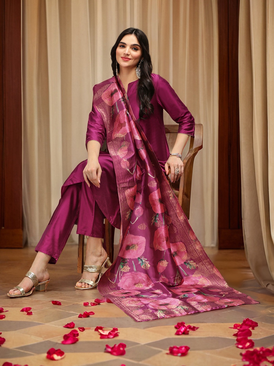 

Ishin Notch Neck Silk Crepe Straight A-Line Kurta with Trousers & Dupatta, Purple