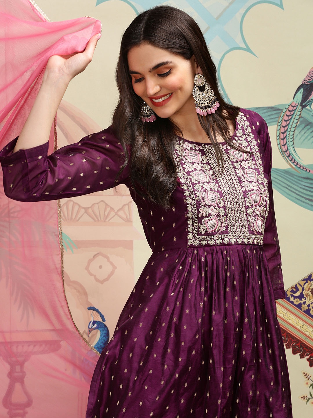 

Ishin Floral Embroidered Pleated Thread Work A-Line Kurta with Trousers & Dupatta, Purple