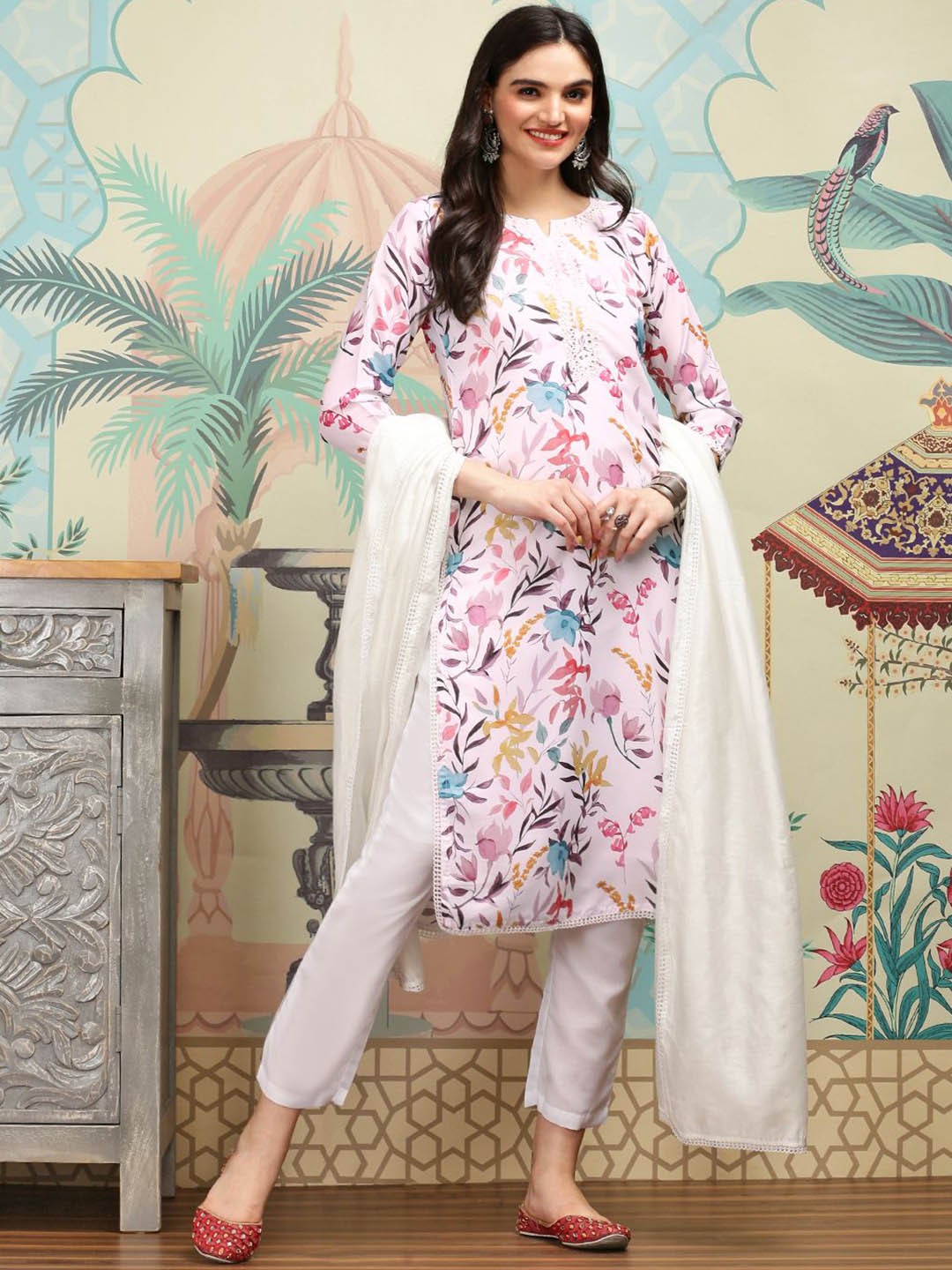 

Ishin White Floral Printed Mirror Work Regular Straight Kurta With Trousers & Dupatta
