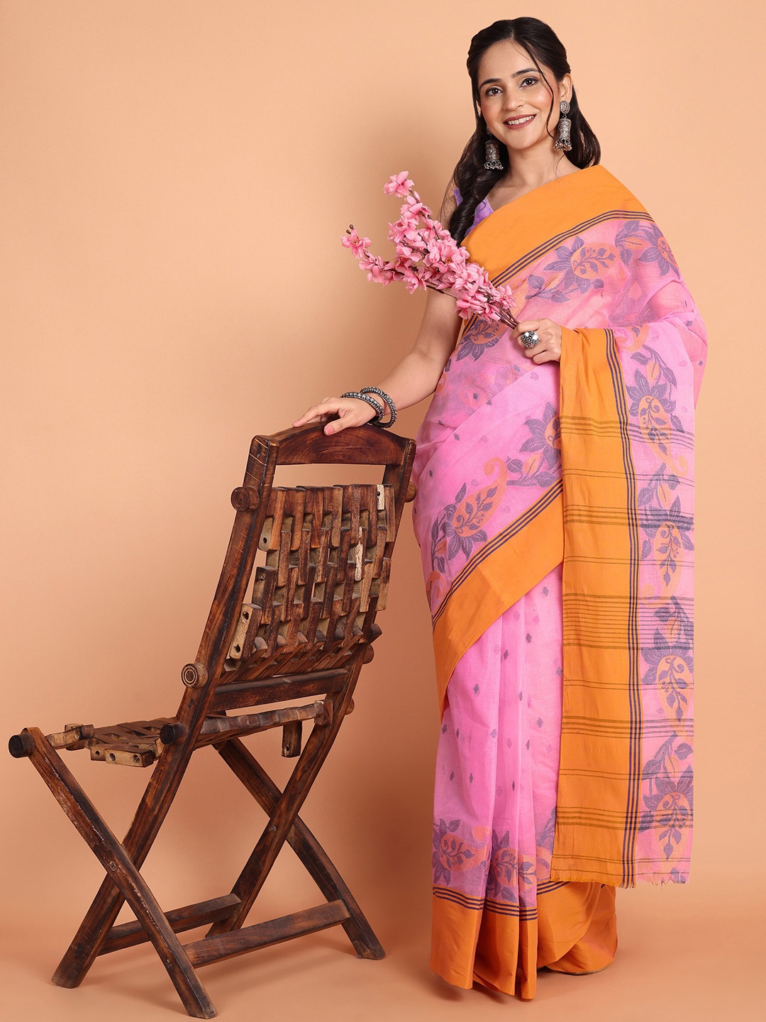 

TANTLOOM Ethnic Motifs Pure Cotton Taant Saree, Pink