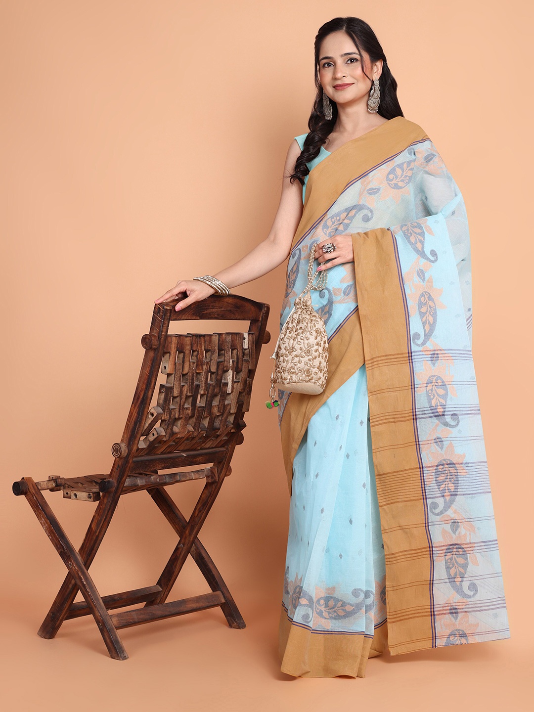 

TANTLOOM Ethnic Motifs Pure Cotton Taant Saree, Blue