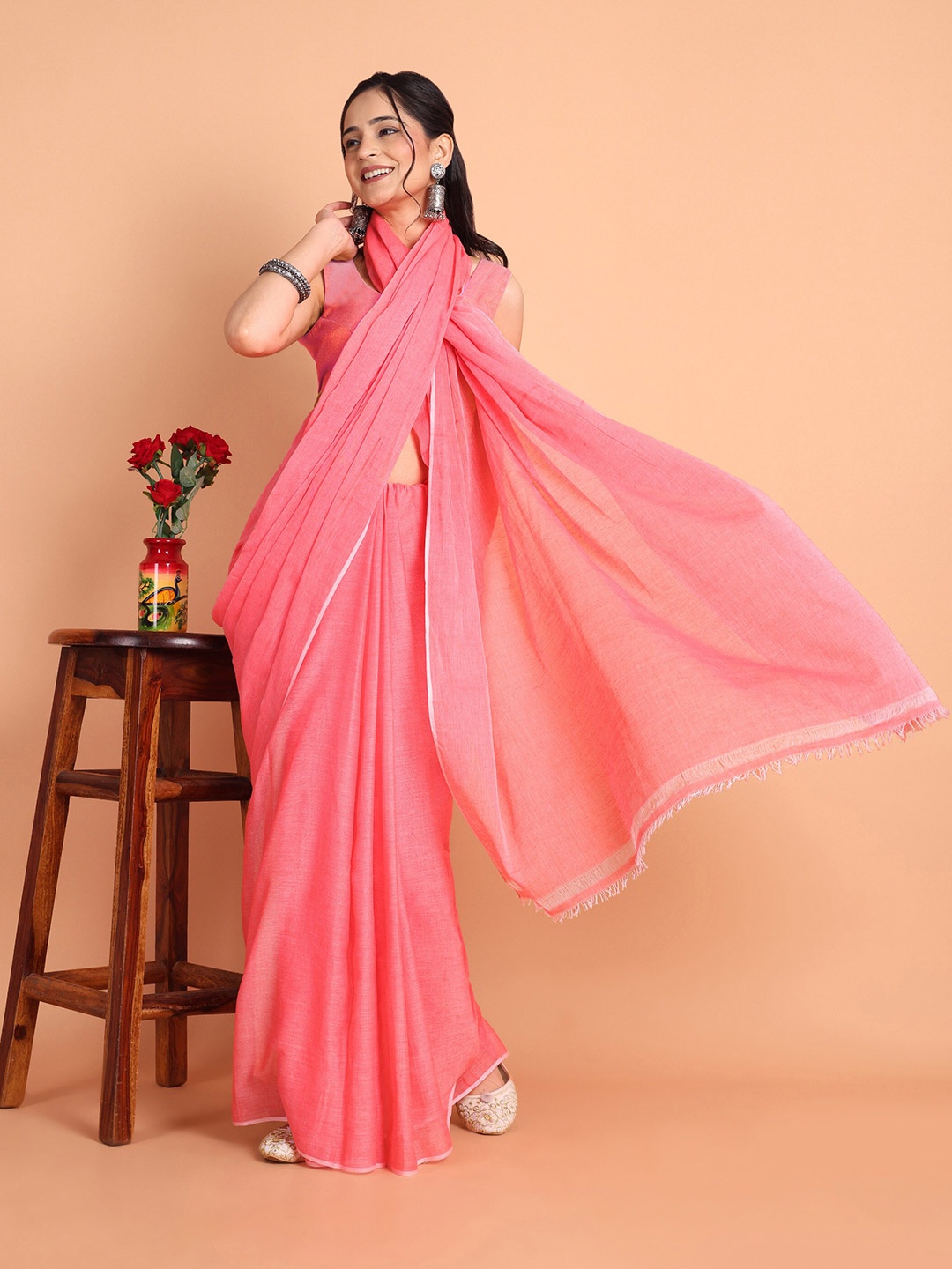 

TANTLOOM Zari Pure Cotton Saree, Pink