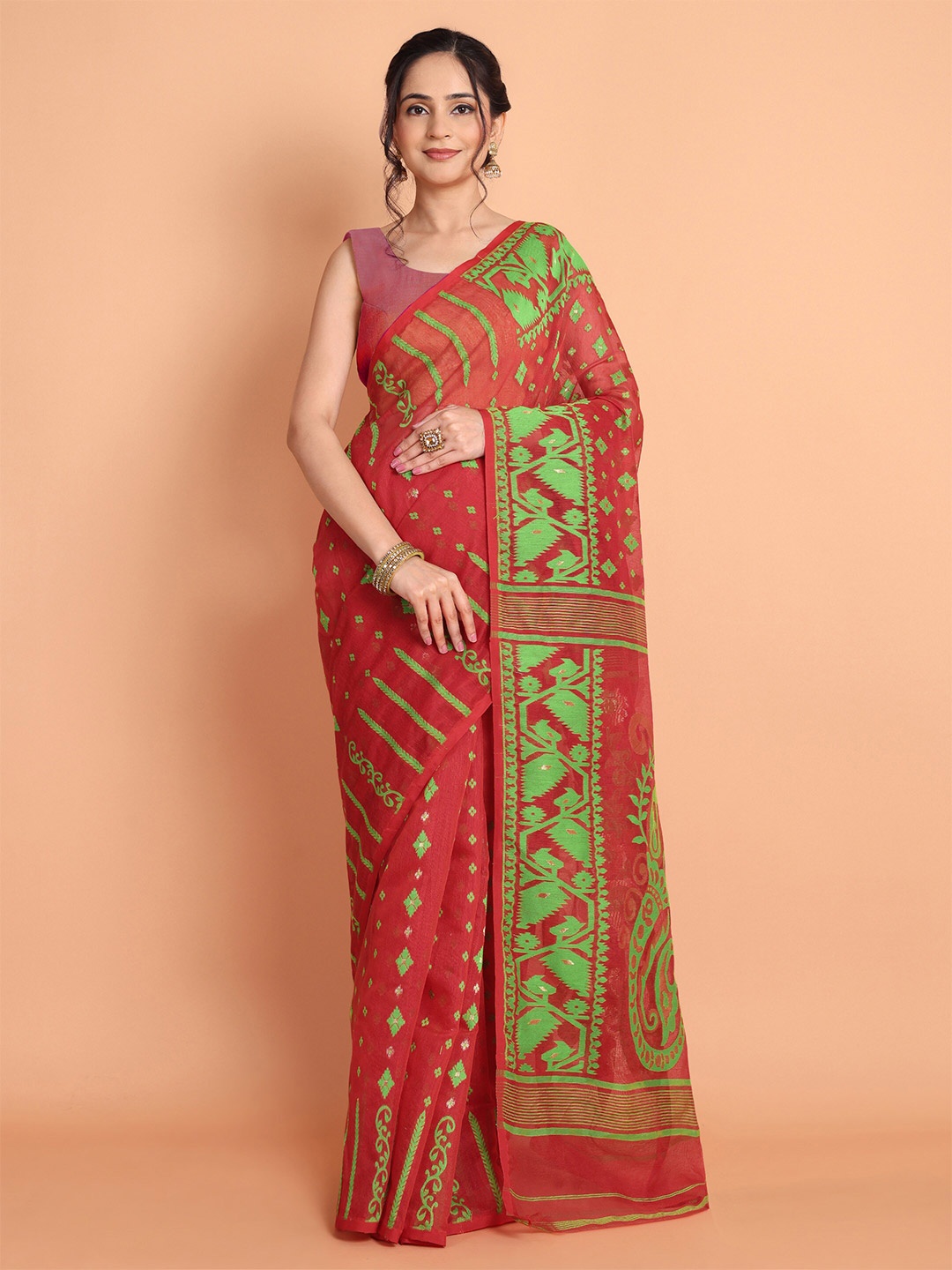 

TANTLOOM Ethnic Motifs Jamdani Saree, Red