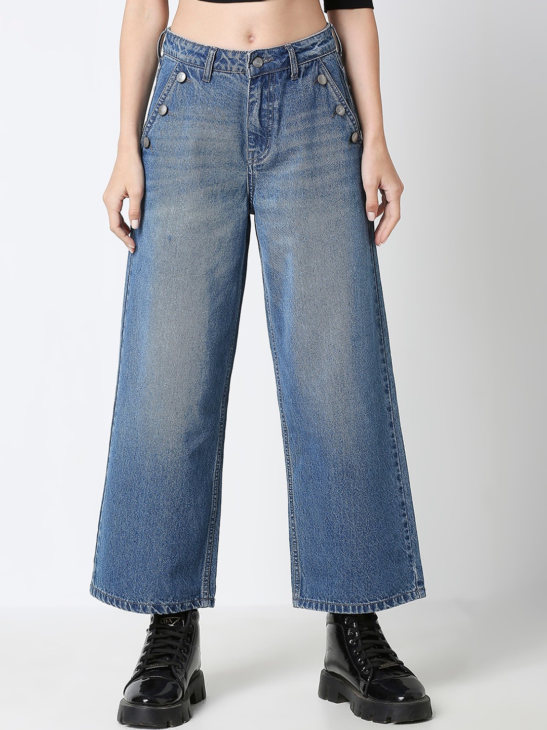 

HJ HASASI Women Wide Leg High-Rise Light Fade Jeans, Blue