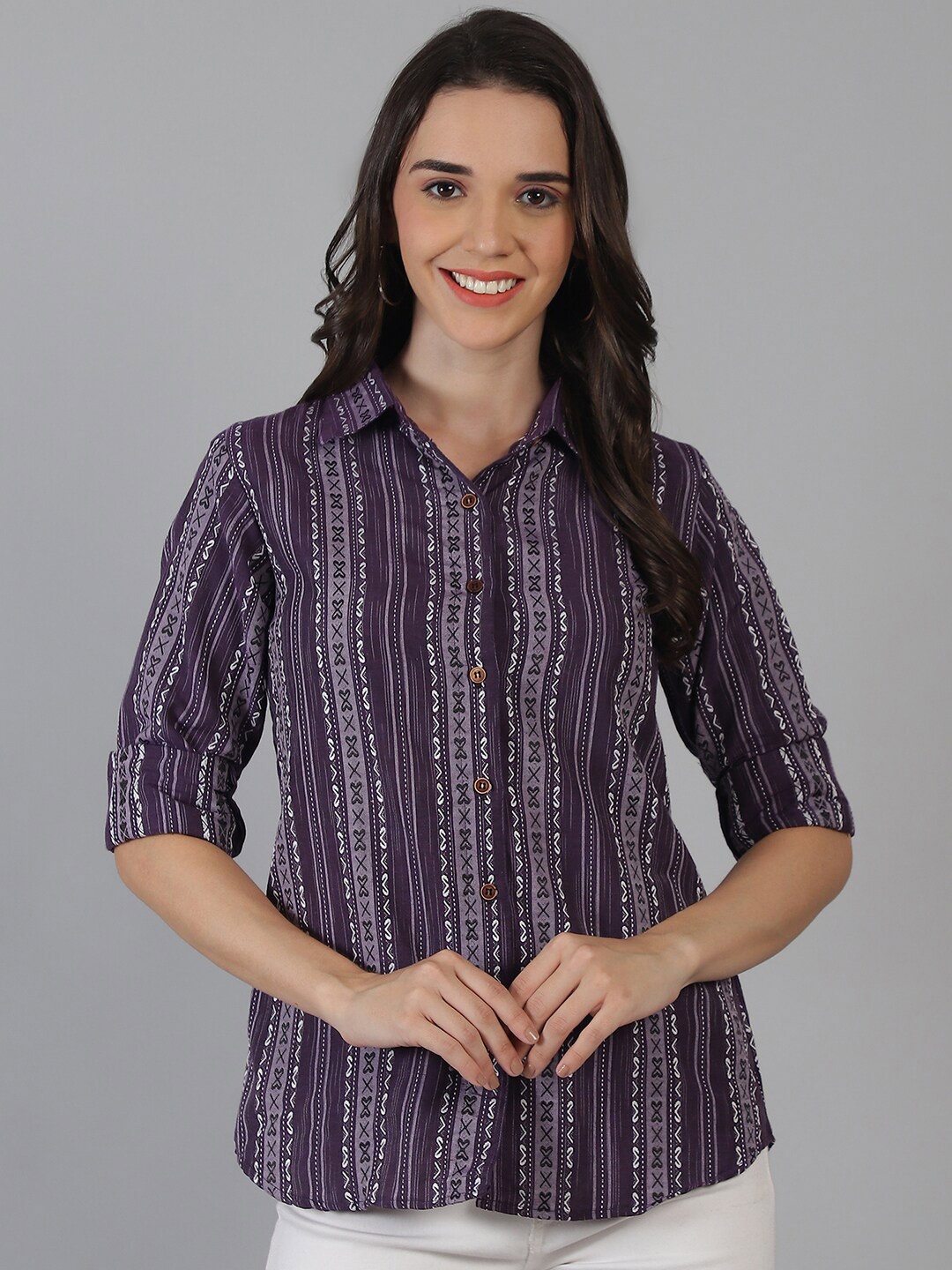 

Sayesha Vertical Striped Notched Collar Cotton Opaque Casual Shirt, Purple